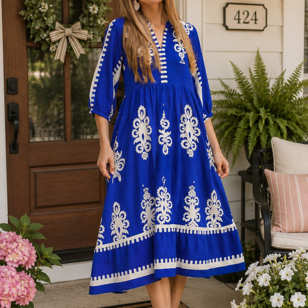 Umgee Cobalt Blue Abstract Print Midi Dress-Midi Dresses-Umgee-Deja Nu Boutique, Women's Fashion Boutique in Lampasas, Texas