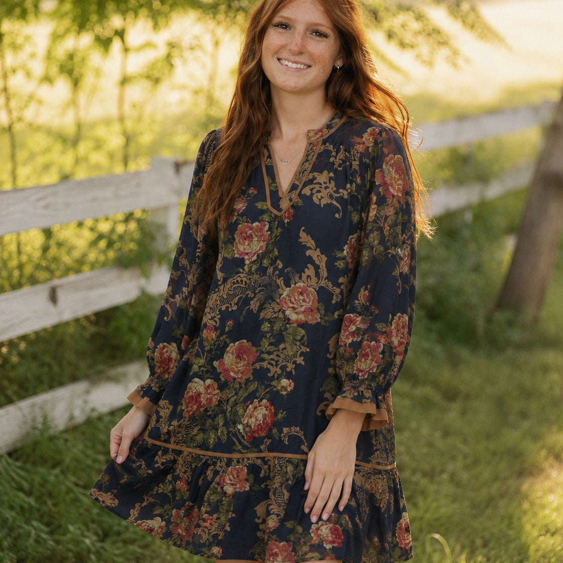 Umgee Floral Print Ruffle Hem Shift Dress in Navy Mix-Short Dresses-Umgee-Deja Nu Boutique, Women's Fashion Boutique in Lampasas, Texas