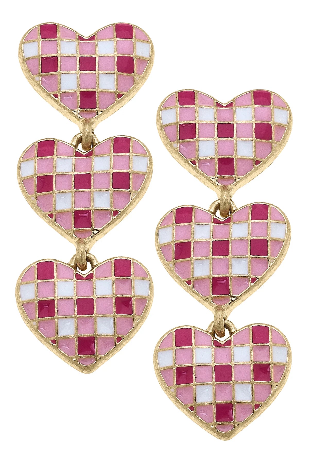 Canvas Style Livy Triple Drop Gingham Heart Earrings-Earrings-Canvas Style-Deja Nu Boutique, Women's Fashion Boutique in Lampasas, Texas