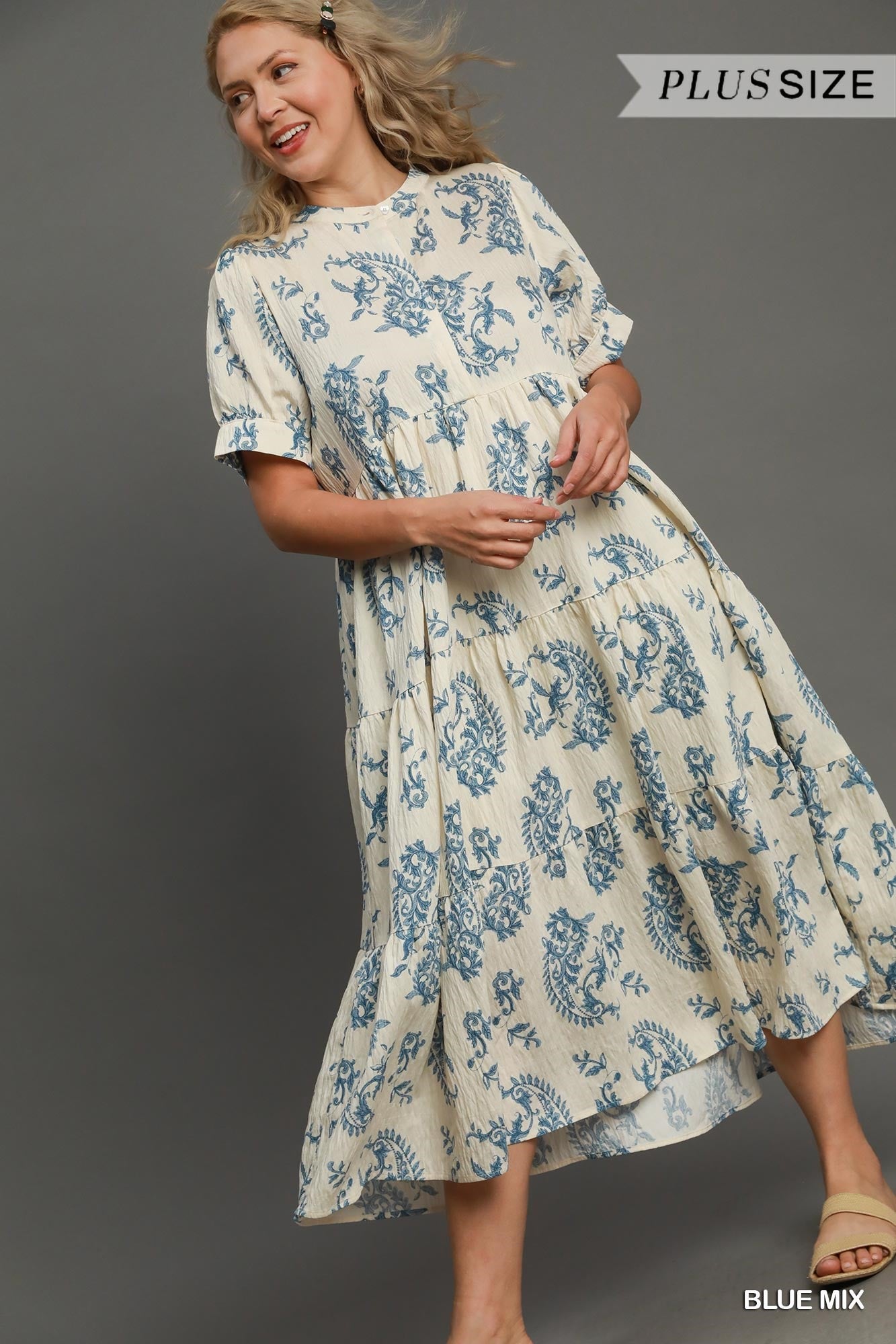 Umgee Tiered Textured Midi Dress Blue Mix Plus-Curvy/Plus Maxi Dresses-Umgee-Deja Nu Boutique, Women's Fashion Boutique in Lampasas, Texas