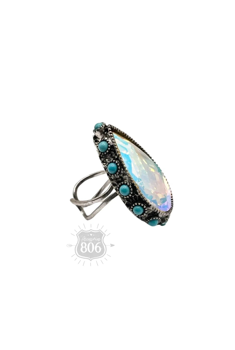 806 By Pink Panache AB Turquoise Teardrop Rhinestone Silver Adjustable Ring-Rings-806 By Pink Panache-Deja Nu Boutique, Women's Fashion Boutique in Lampasas, Texas
