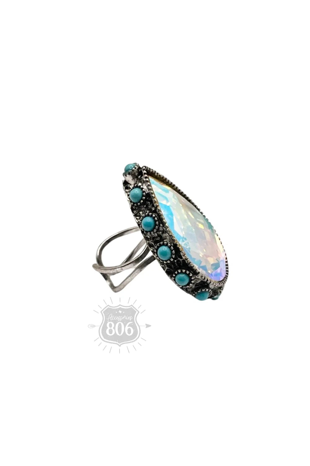 806 By Pink Panache AB Turquoise Teardrop Rhinestone Silver Adjustable Ring-Rings-806 By Pink Panache-Deja Nu Boutique, Women's Fashion Boutique in Lampasas, Texas