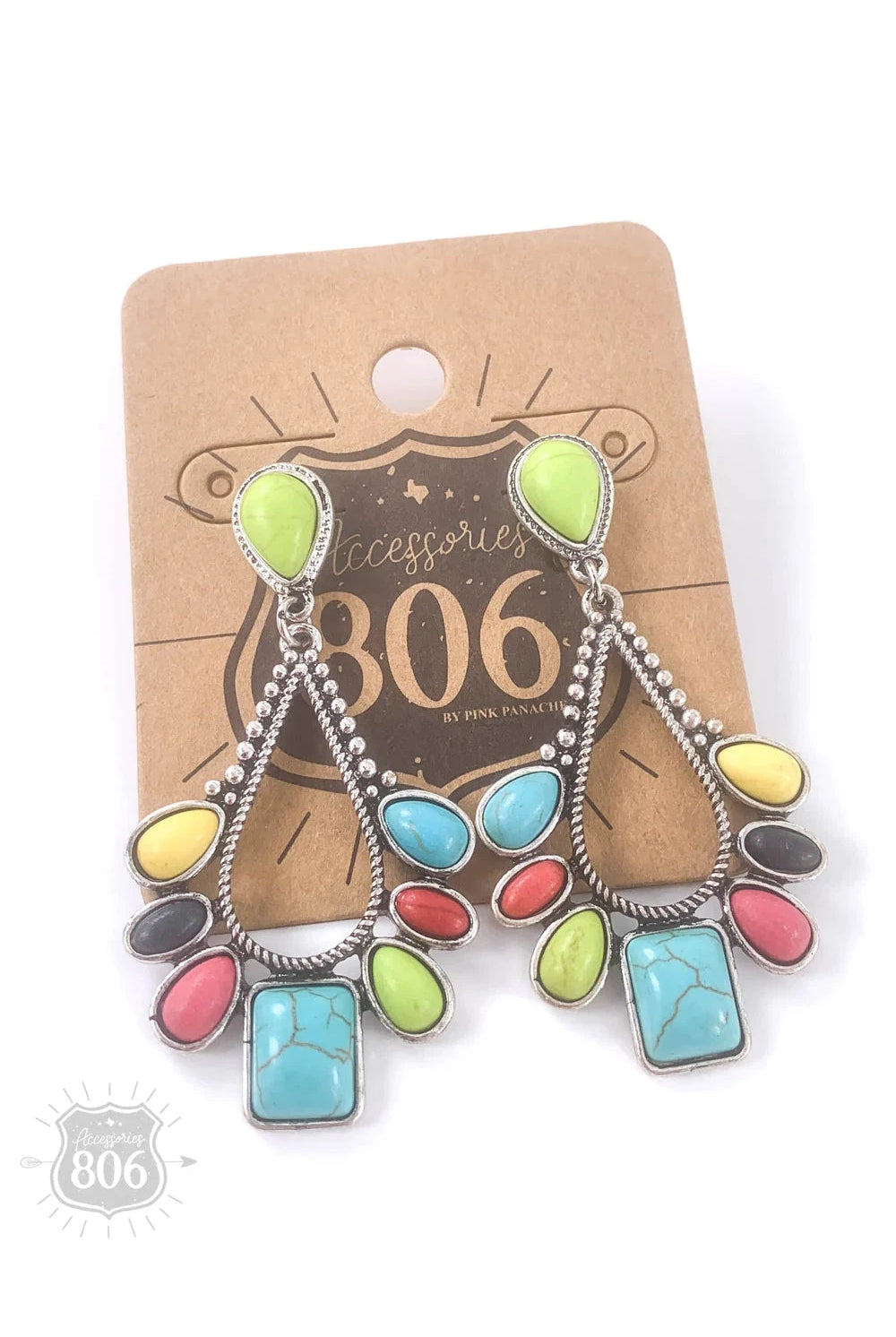 806 Multi Colored Decorative Stone Teardrop Earring-Earrings-806 By Pink Panache-Deja Nu Boutique, Women's Fashion Boutique in Lampasas, Texas