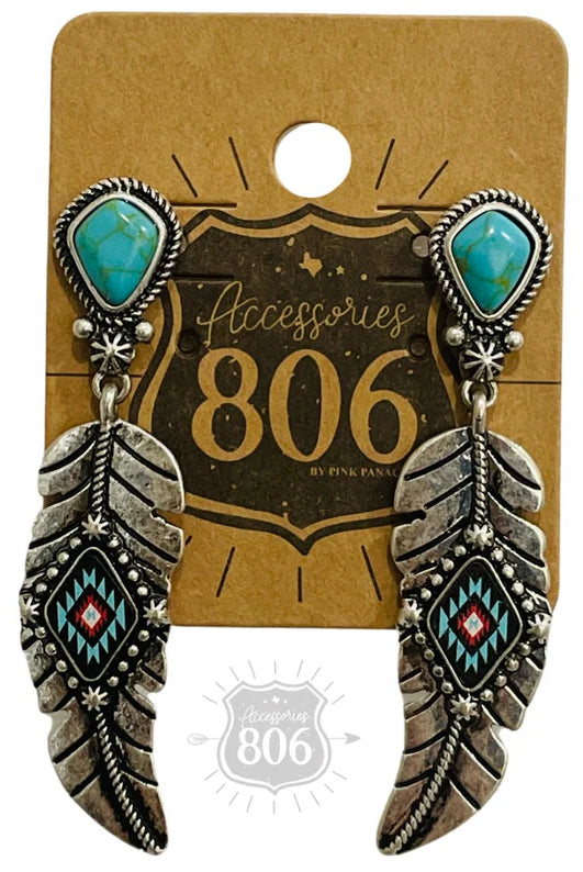 806 By Pink Panache Silver Feather On Stone Post Earring-Earrings-806 By Pink Panache-Deja Nu Boutique, Women's Fashion Boutique in Lampasas, Texas