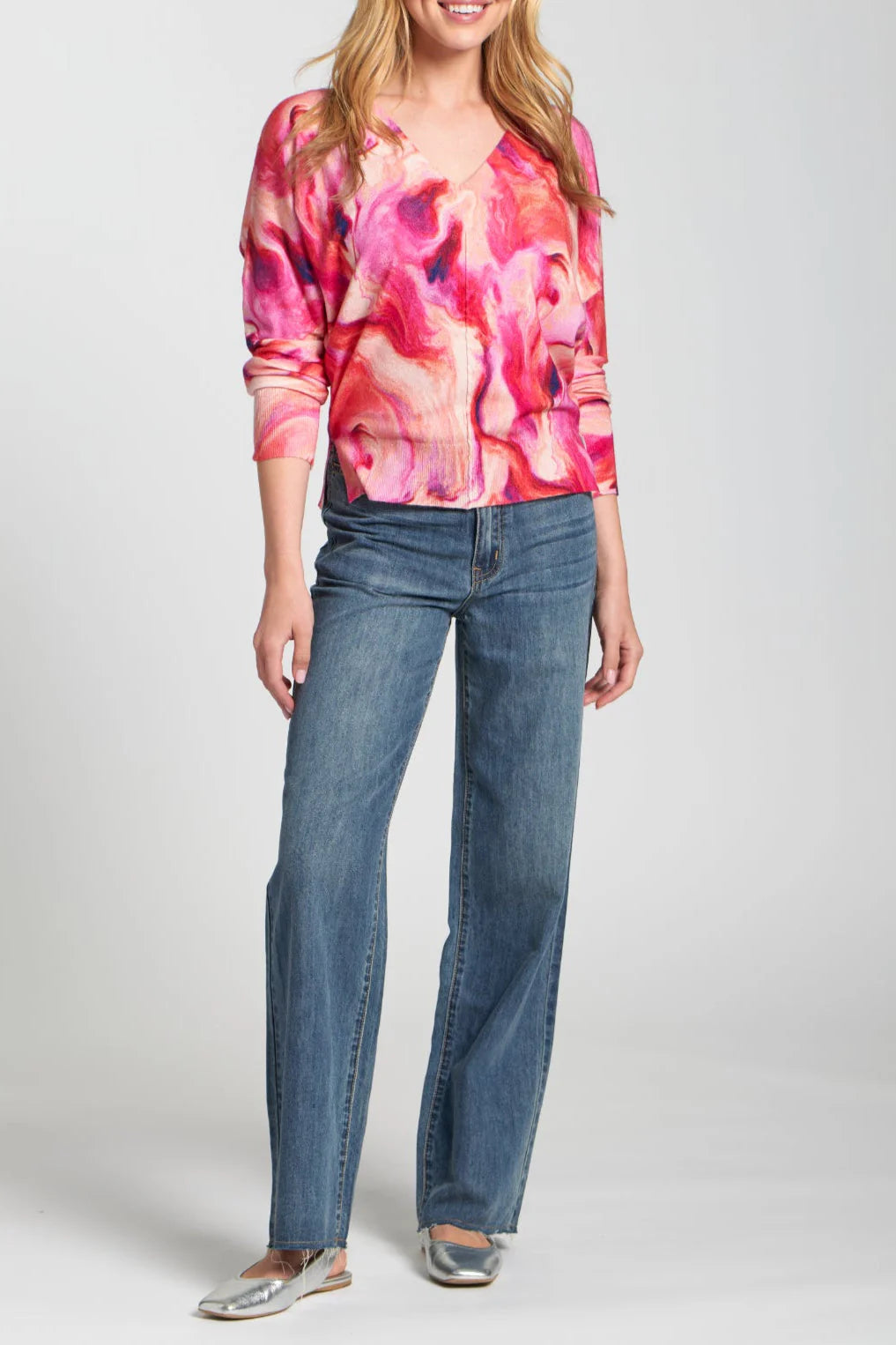 APNY Berry Marble Printed V-Neck Pullover-Sweaters-APNY-Deja Nu Boutique, Women's Fashion Boutique in Lampasas, Texas