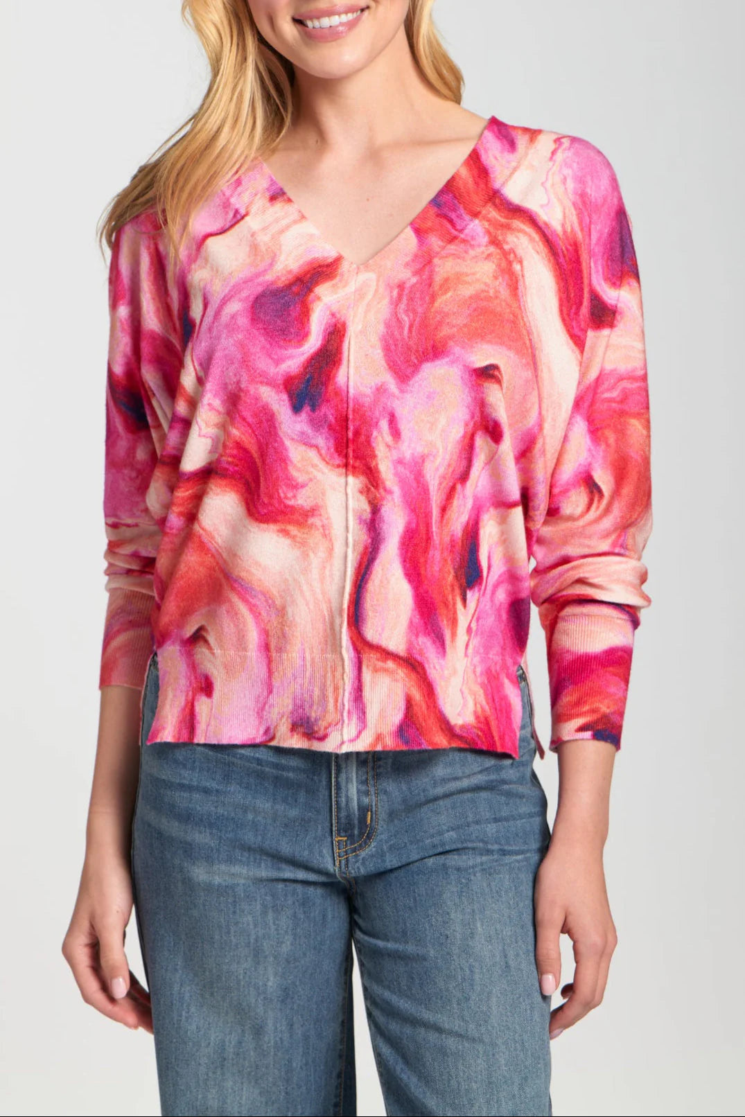 APNY Berry Marble Printed V-Neck Pullover-Sweaters-APNY-Deja Nu Boutique, Women's Fashion Boutique in Lampasas, Texas