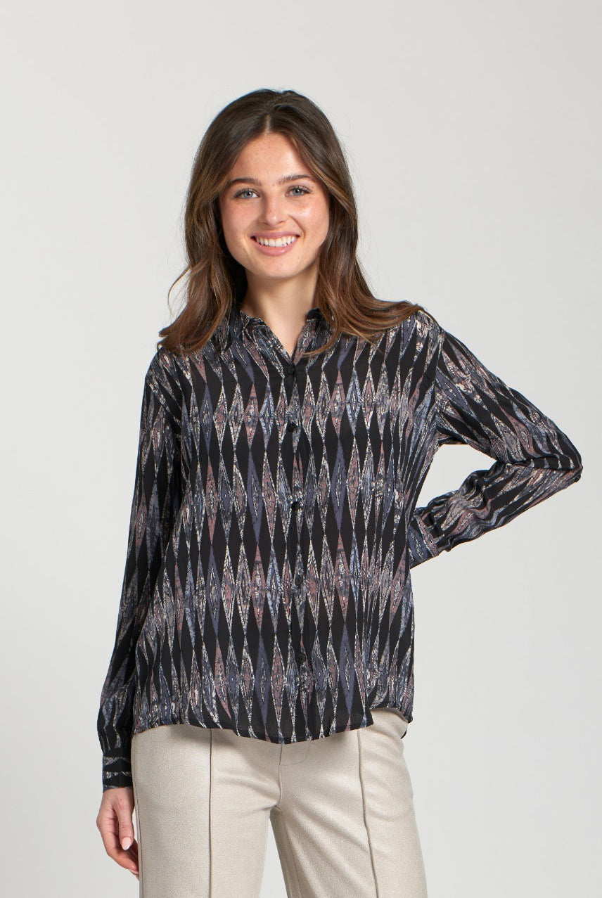 APNY Black Multi Button-Up Blouse with Roll-Up Sleeves-Tops-APNY-Deja Nu Boutique, Women's Fashion Boutique in Lampasas, Texas