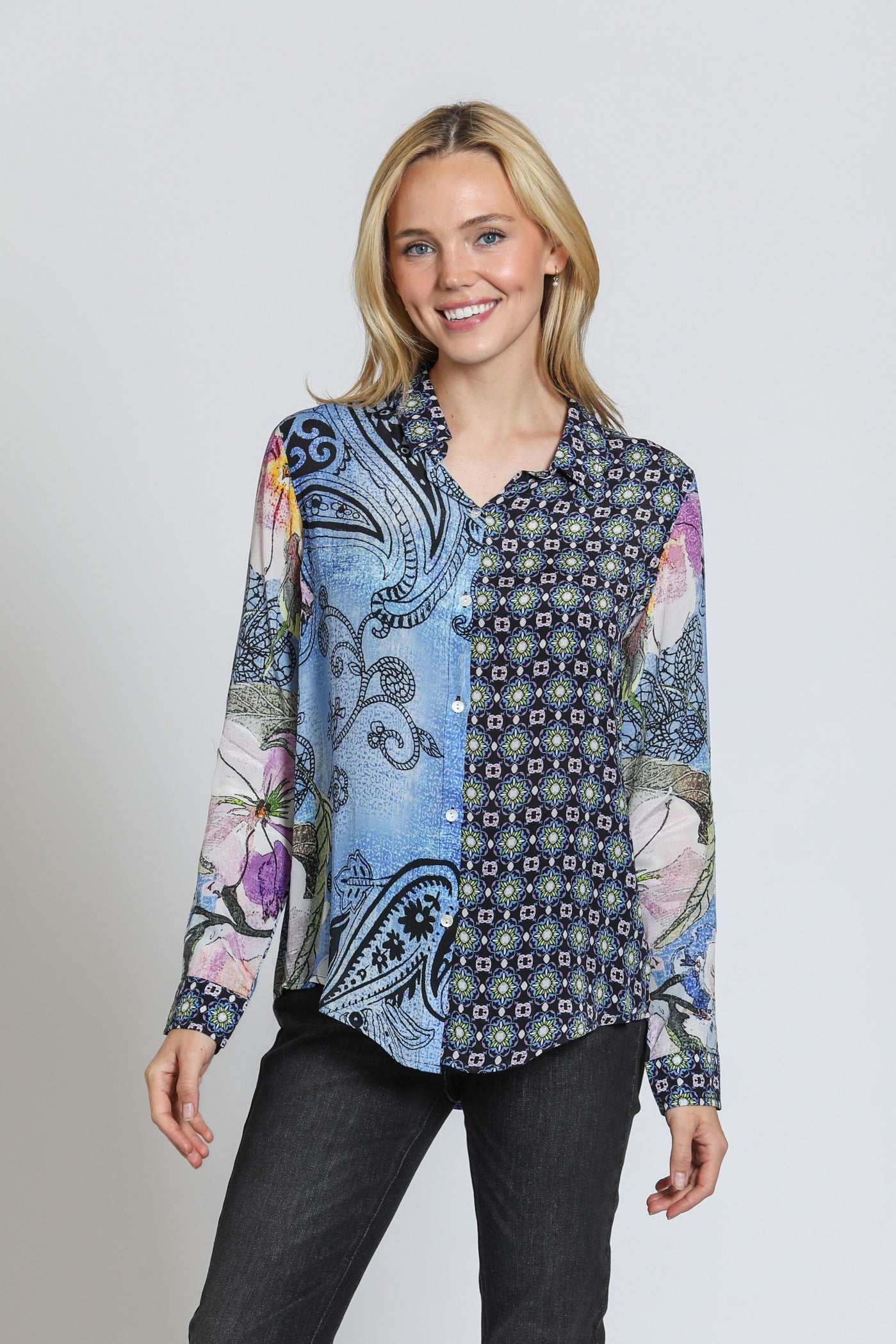 APNY Blue Mixed Print Button-Up Blouse-shirts-APNY-Deja Nu Boutique, Women's Fashion Boutique in Lampasas, Texas