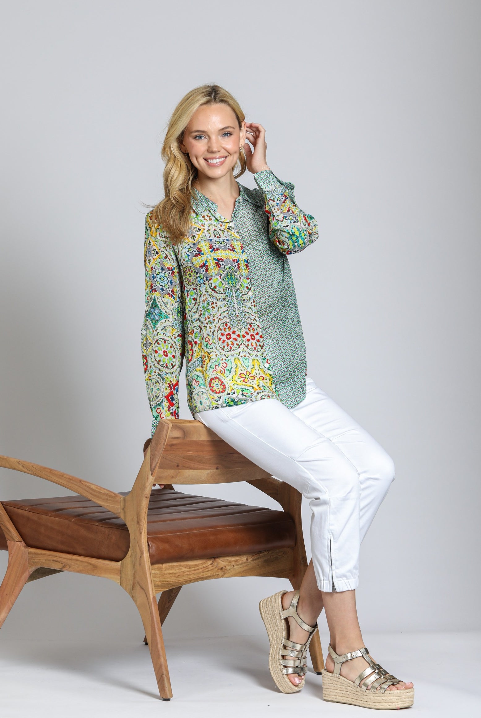 APNY Button-Up Blouse – Yellow Multicolor Print-shirts-APNY-Deja Nu Boutique, Women's Fashion Boutique in Lampasas, Texas