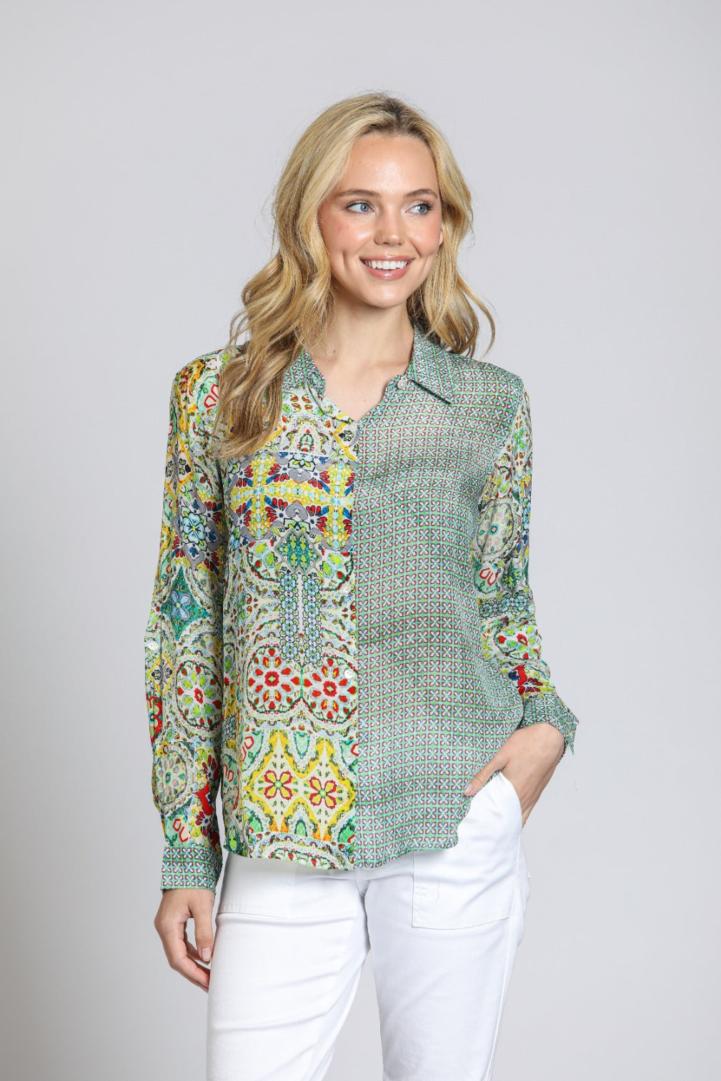 APNY Button-Up Blouse – Yellow Multicolor Print-shirts-APNY-Deja Nu Boutique, Women's Fashion Boutique in Lampasas, Texas