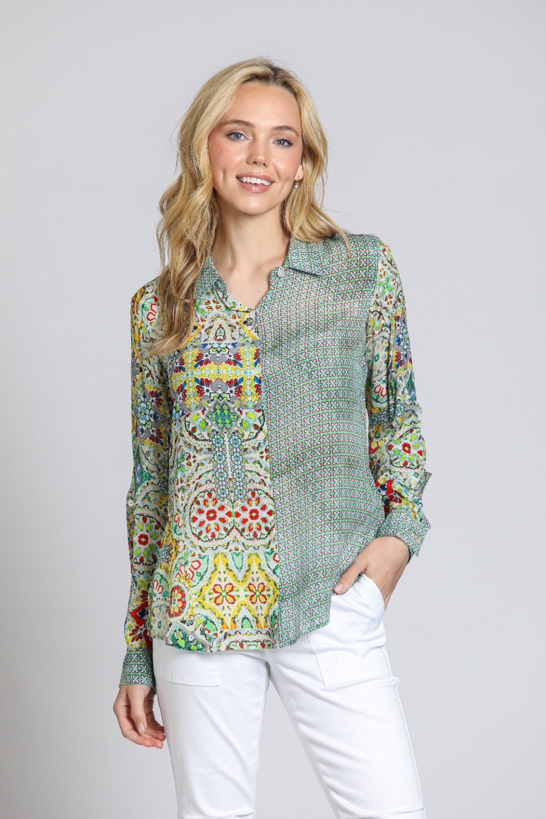 APNY Button-Up Blouse – Yellow Multicolor Print-shirts-APNY-Deja Nu Boutique, Women's Fashion Boutique in Lampasas, Texas