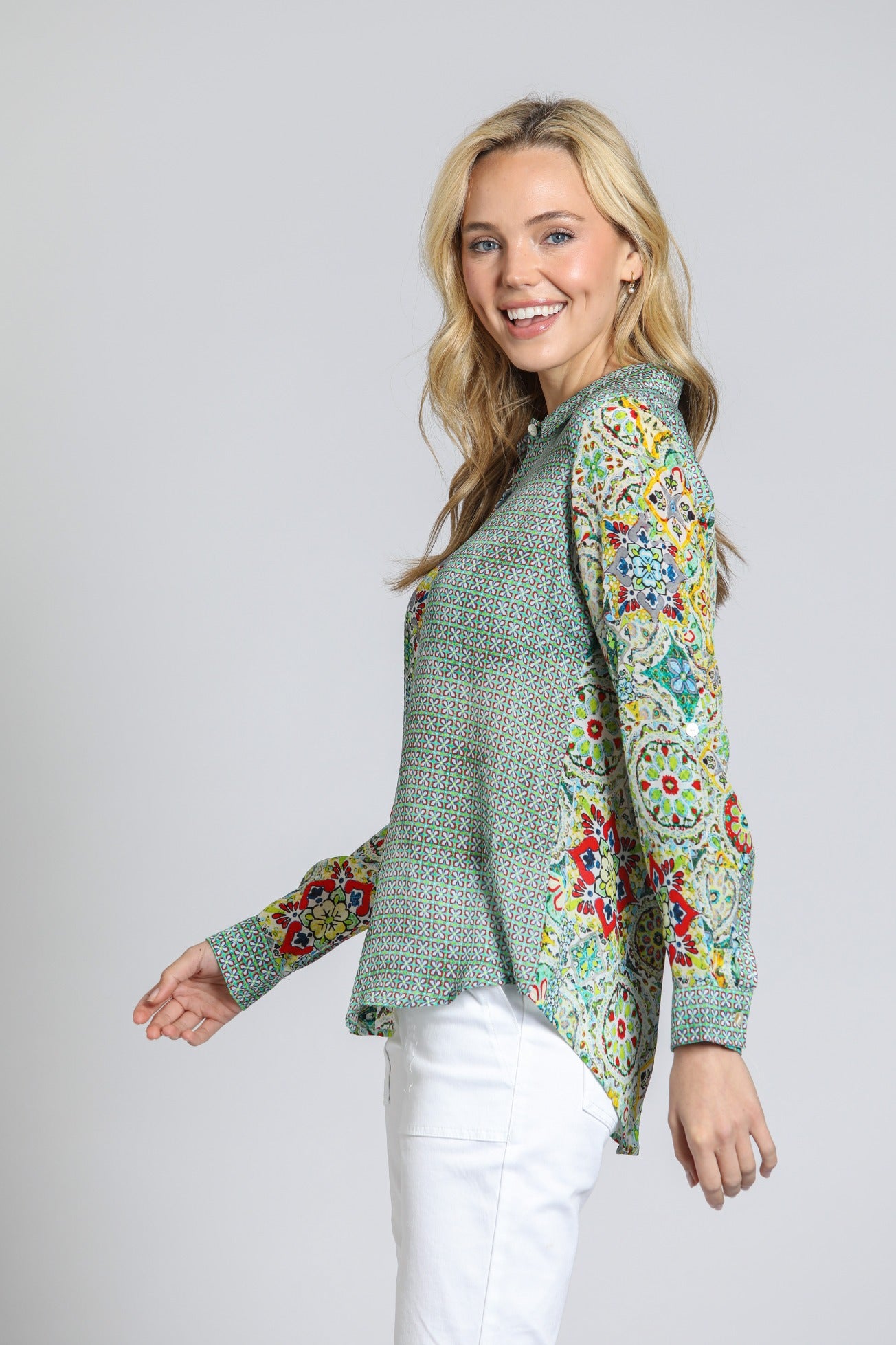 APNY Button-Up Blouse – Yellow Multicolor Print-shirts-APNY-Deja Nu Boutique, Women's Fashion Boutique in Lampasas, Texas