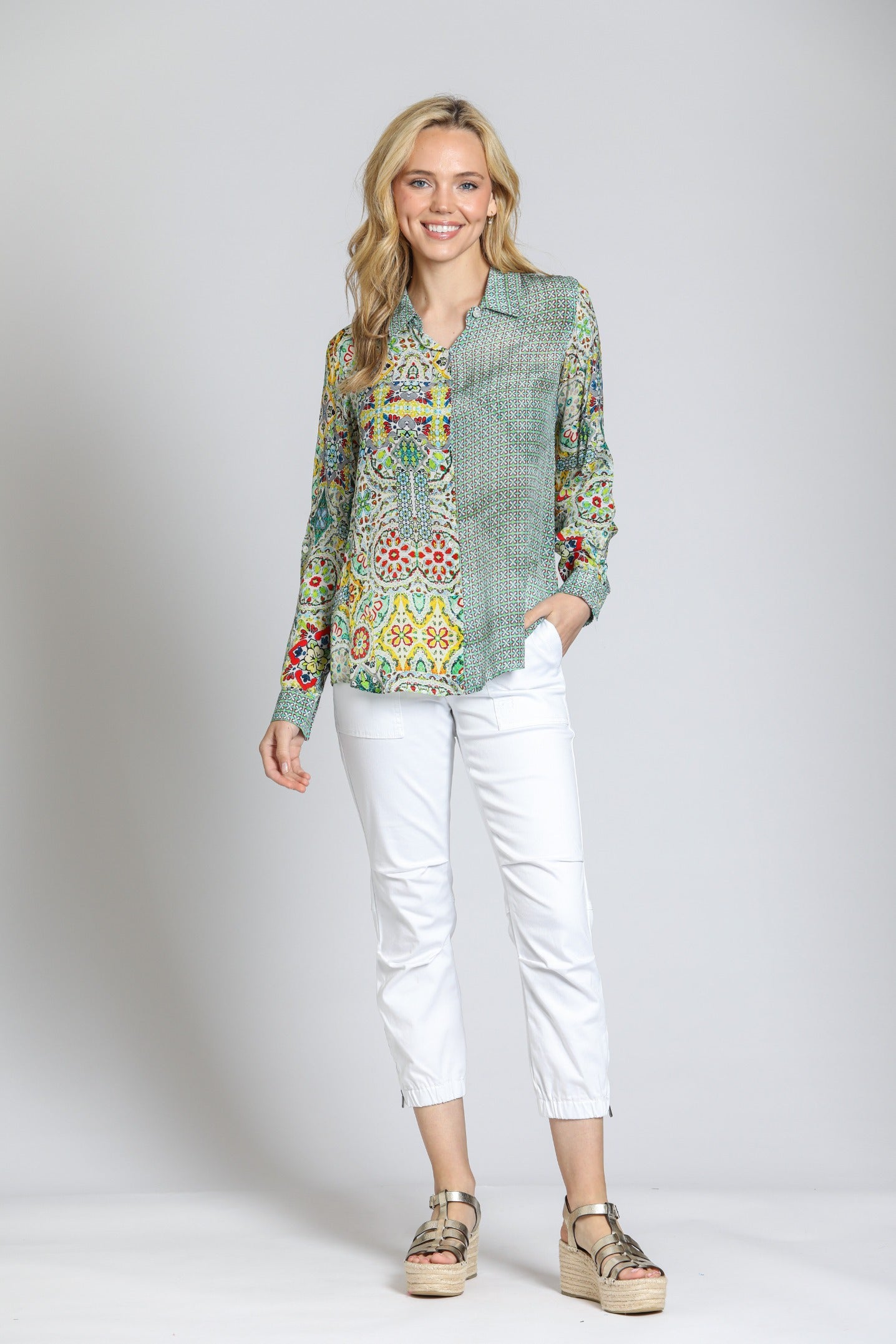 APNY Button-Up Blouse – Yellow Multicolor Print-shirts-APNY-Deja Nu Boutique, Women's Fashion Boutique in Lampasas, Texas