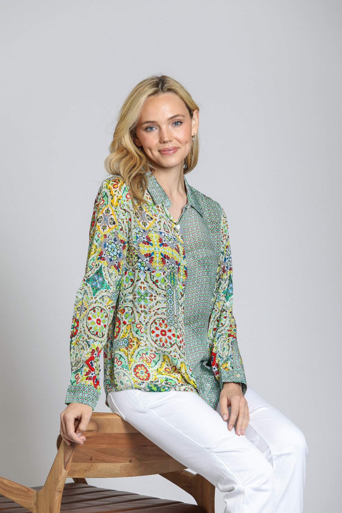 APNY Button-Up Blouse – Yellow Multicolor Print-shirts-APNY-Deja Nu Boutique, Women's Fashion Boutique in Lampasas, Texas