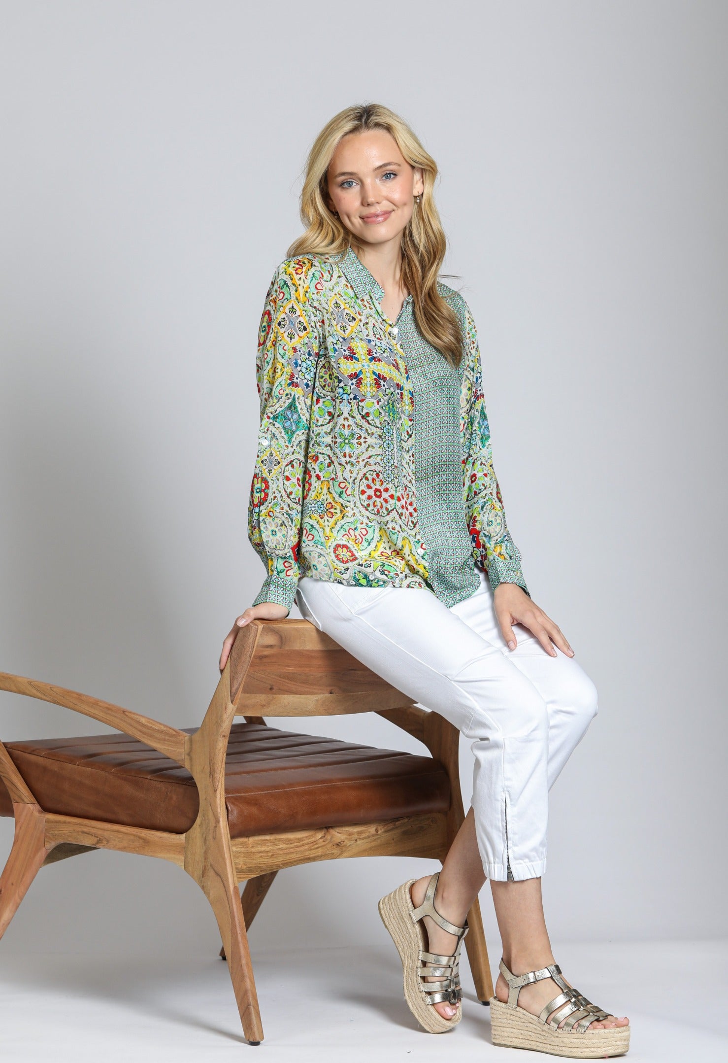 APNY Button-Up Blouse – Yellow Multicolor Print-shirts-APNY-Deja Nu Boutique, Women's Fashion Boutique in Lampasas, Texas