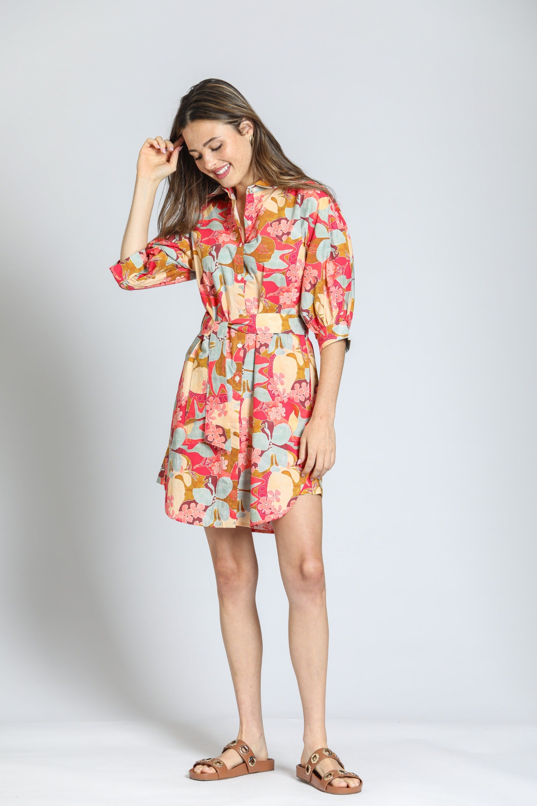 APNY Coral Belted Puff Sleeve Dress in Garden Party Print-Dresses-APNY-Deja Nu Boutique, Women's Fashion Boutique in Lampasas, Texas