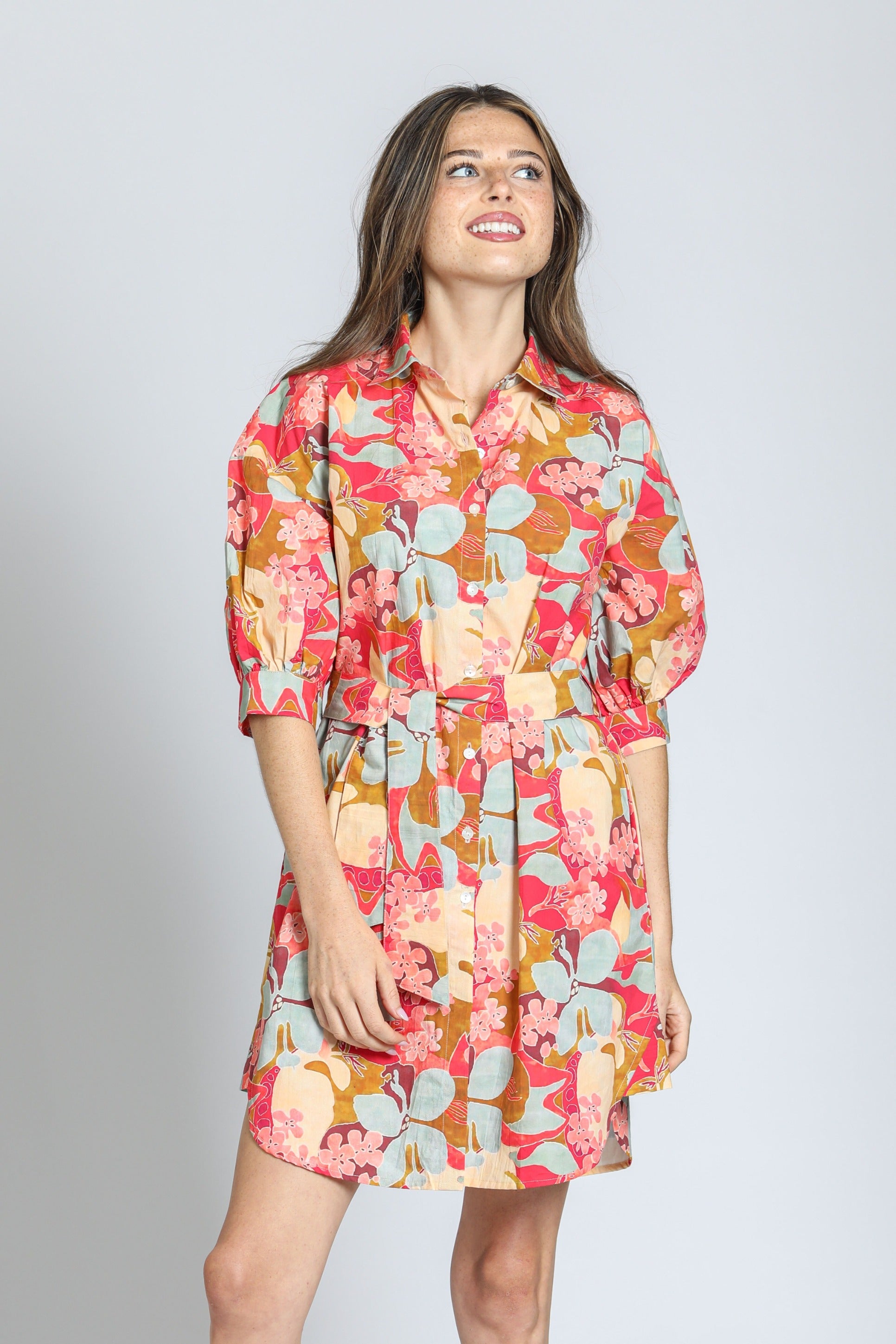 APNY Coral Belted Puff Sleeve Dress in Garden Party Print-Dresses-APNY-Deja Nu Boutique, Women's Fashion Boutique in Lampasas, Texas