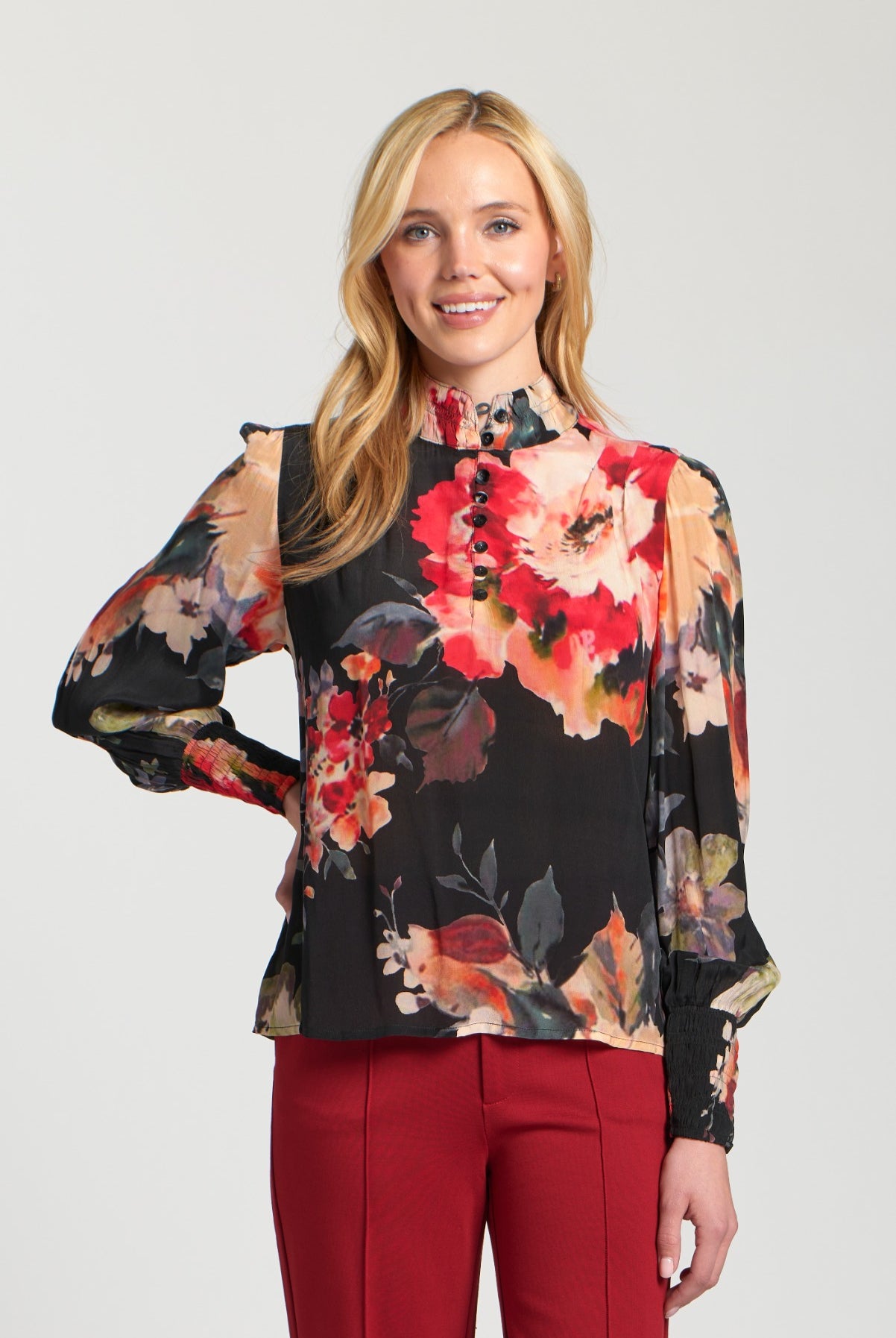 APNY Enchanted Garden Puff Sleeve Blouse with Ruched Collar-Tops-APNY-Deja Nu Boutique, Women's Fashion Boutique in Lampasas, Texas