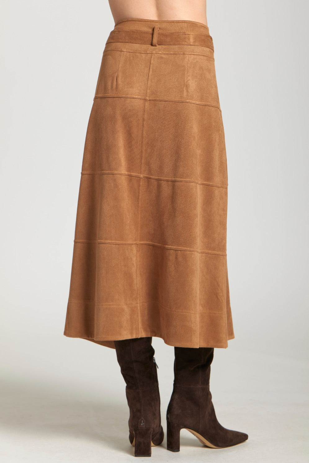 APNY Faux Suede Paneled A-Line Midi Skirt in Carmel-Skirts-APNY-Deja Nu Boutique, Women's Fashion Boutique in Lampasas, Texas