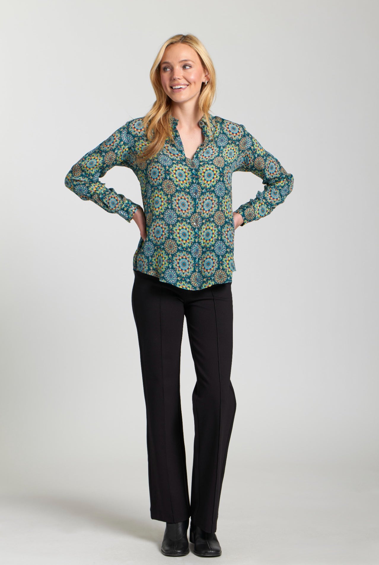 APNY Green Floral Button-Up Blouse with Roll-Up Sleeves-shirts-APNY-Deja Nu Boutique, Women's Fashion Boutique in Lampasas, Texas