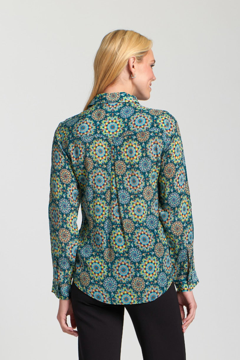 APNY Green Floral Button-Up Blouse with Roll-Up Sleeves-shirts-APNY-Deja Nu Boutique, Women's Fashion Boutique in Lampasas, Texas