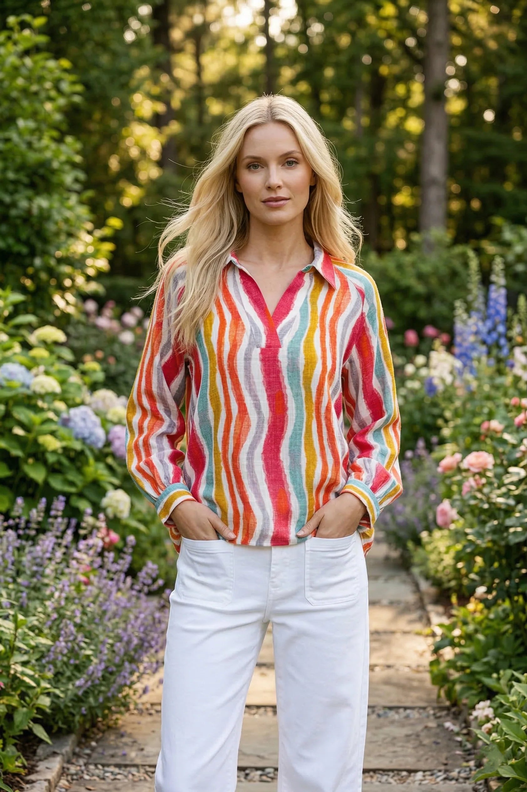 APNY Hibiscus Multi Stripe Half-Placket Pullover Blouse-Tops-APNY-Deja Nu Boutique, Women's Fashion Boutique in Lampasas, Texas
