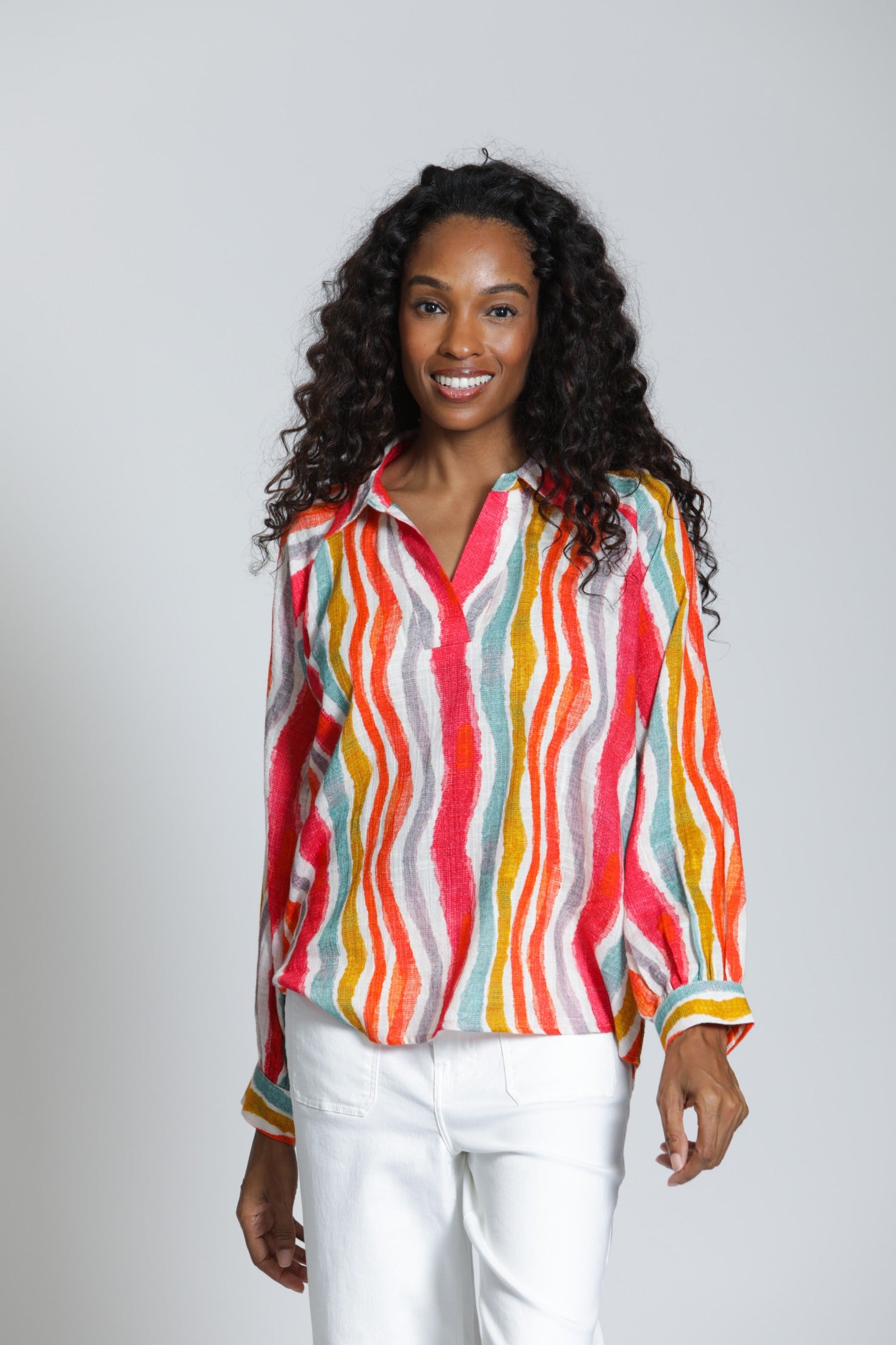 APNY Hibiscus Multi Stripe Half-Placket Pullover Blouse-Tops-APNY-Deja Nu Boutique, Women's Fashion Boutique in Lampasas, Texas