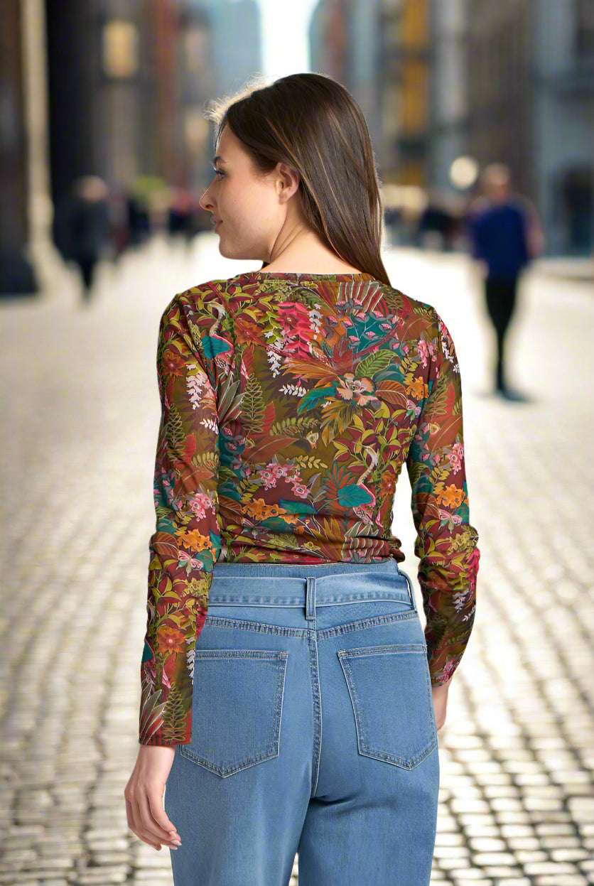 APNY Long Sleeve Mesh Top in Olive Multi A Sheer Floral Layering Tee-Tops-APNY-Deja Nu Boutique, Women's Fashion Boutique in Lampasas, Texas