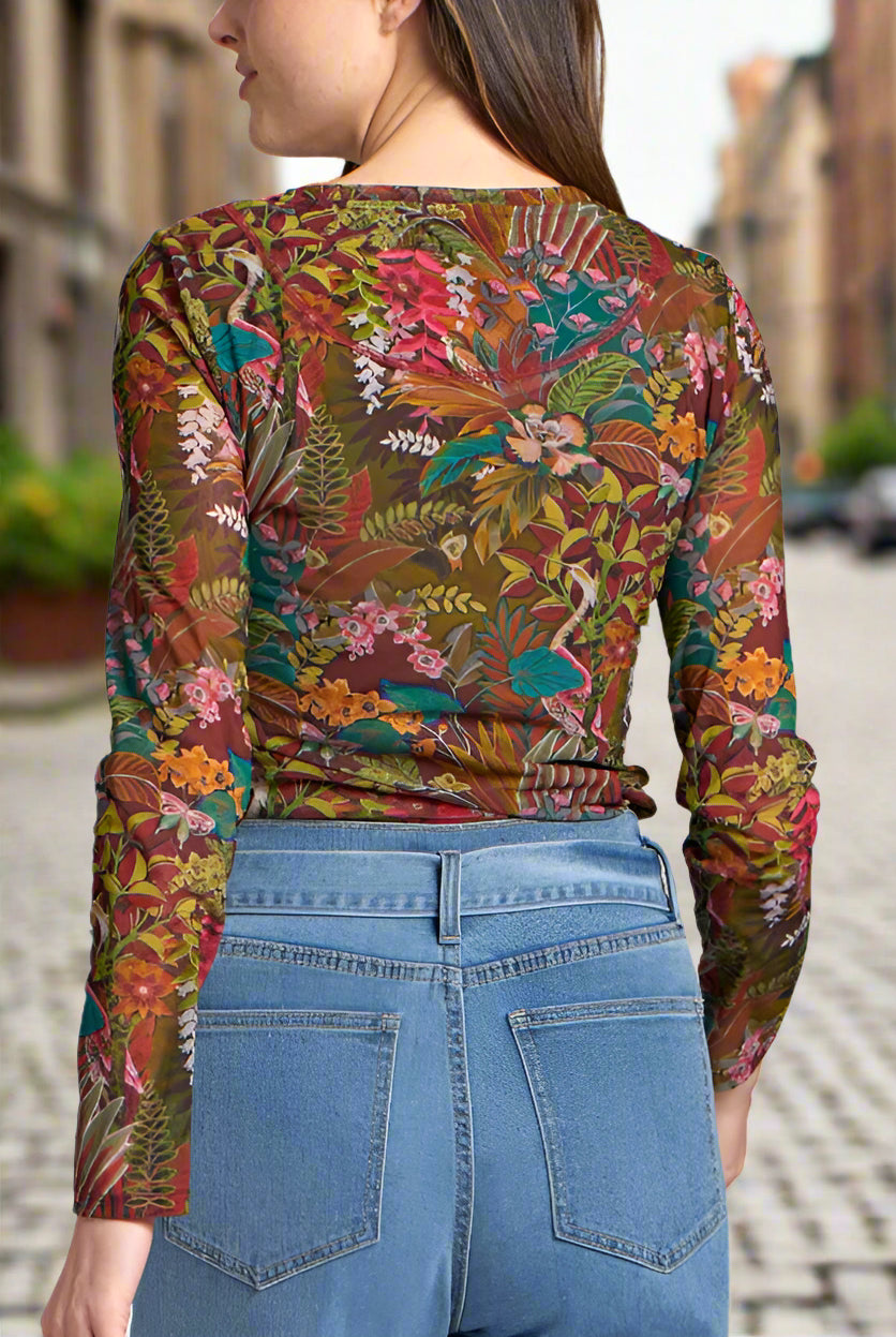 APNY Long Sleeve Mesh Top in Olive Multi A Sheer Floral Layering Tee-Tops-APNY-Deja Nu Boutique, Women's Fashion Boutique in Lampasas, Texas