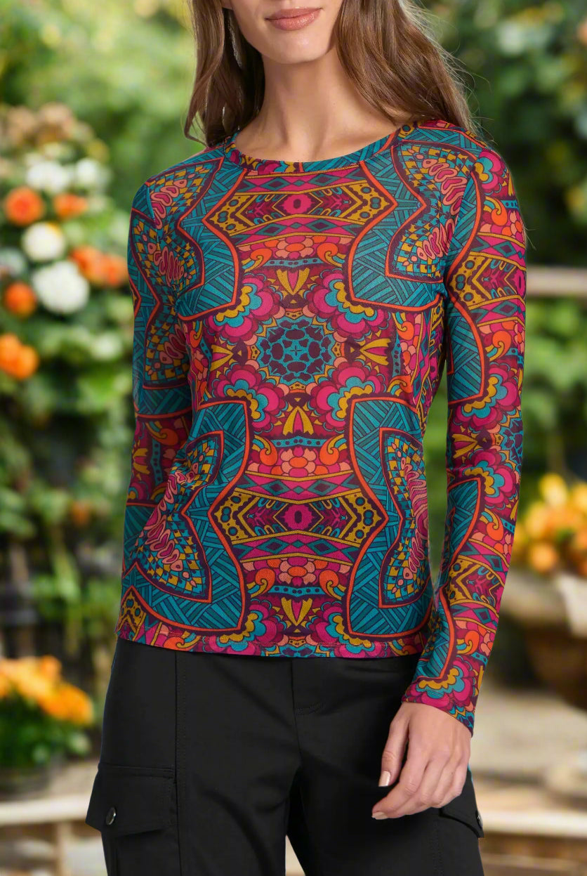 APNY Long Sleeve Mesh Top in Turquoise Multi A Lightweight Sheer Crewneck-Tops-APNY-Deja Nu Boutique, Women's Fashion Boutique in Lampasas, Texas