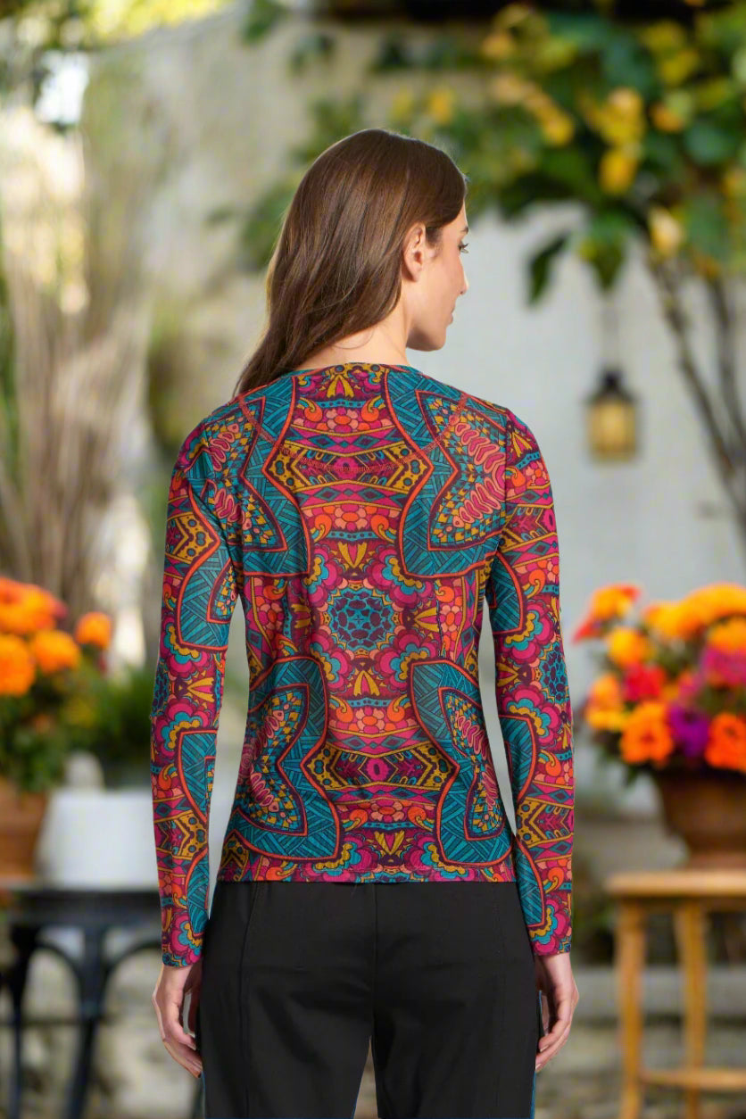 APNY Long Sleeve Mesh Top in Turquoise Multi A Lightweight Sheer Crewneck-Tops-APNY-Deja Nu Boutique, Women's Fashion Boutique in Lampasas, Texas