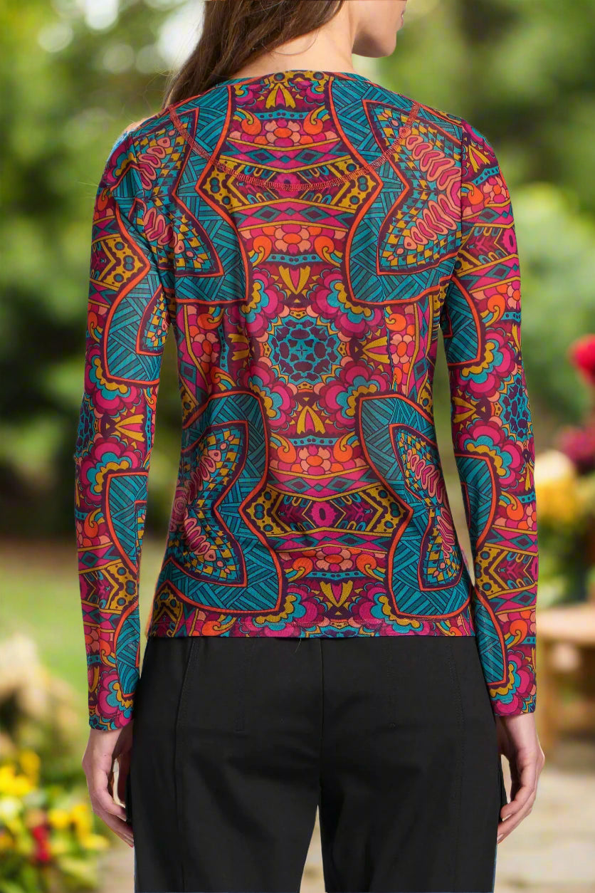 APNY Long Sleeve Mesh Top in Turquoise Multi A Lightweight Sheer Crewneck-Tops-APNY-Deja Nu Boutique, Women's Fashion Boutique in Lampasas, Texas