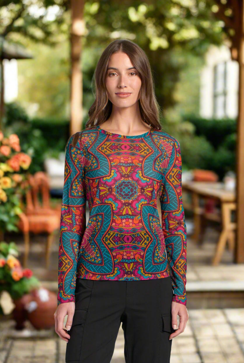 APNY Long Sleeve Mesh Top in Turquoise Multi A Lightweight Sheer Crewneck-Tops-APNY-Deja Nu Boutique, Women's Fashion Boutique in Lampasas, Texas