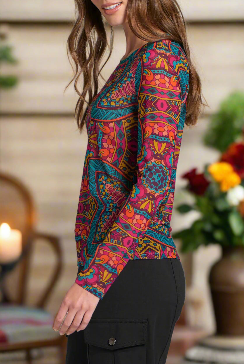 APNY Long Sleeve Mesh Top in Turquoise Multi A Lightweight Sheer Crewneck-Tops-APNY-Deja Nu Boutique, Women's Fashion Boutique in Lampasas, Texas