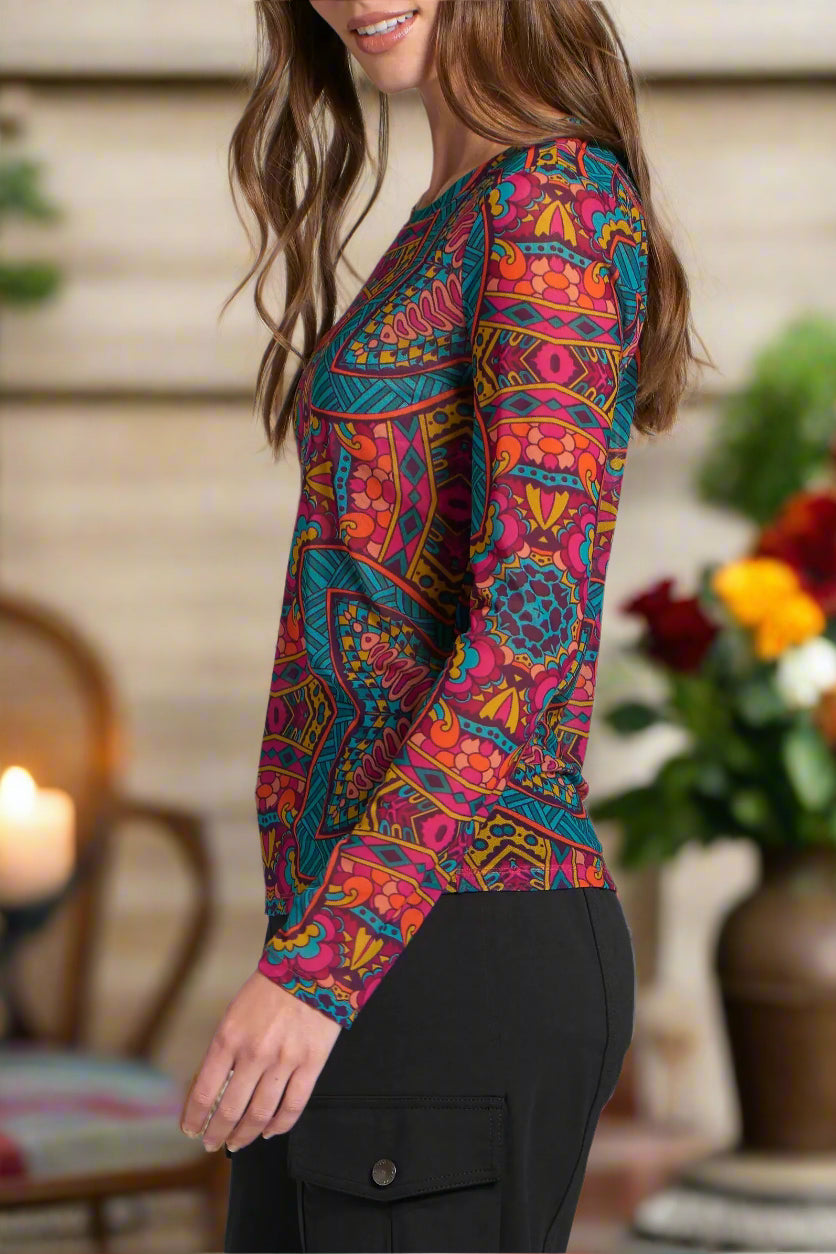 APNY Long Sleeve Mesh Top in Turquoise Multi A Lightweight Sheer Crewneck-Tops-APNY-Deja Nu Boutique, Women's Fashion Boutique in Lampasas, Texas