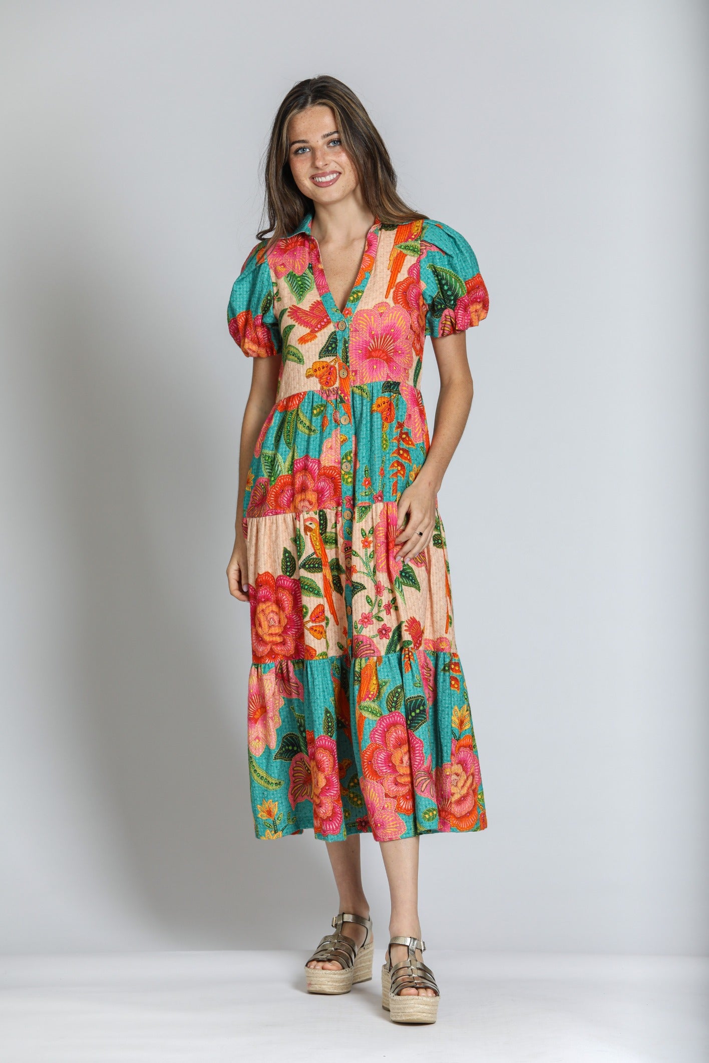 APNY Mixed Print Long Tiered Dress - Turquoise Multi-Midi Dresses-APNY-Deja Nu Boutique, Women's Fashion Boutique in Lampasas, Texas