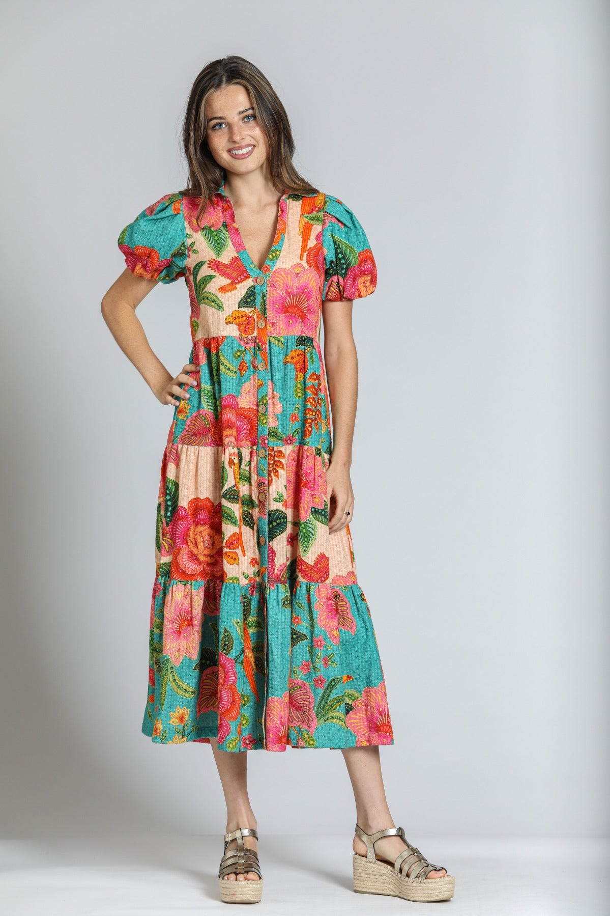 APNY Mixed Print Long Tiered Dress - Turquoise Multi-Midi Dresses-APNY-Deja Nu Boutique, Women's Fashion Boutique in Lampasas, Texas