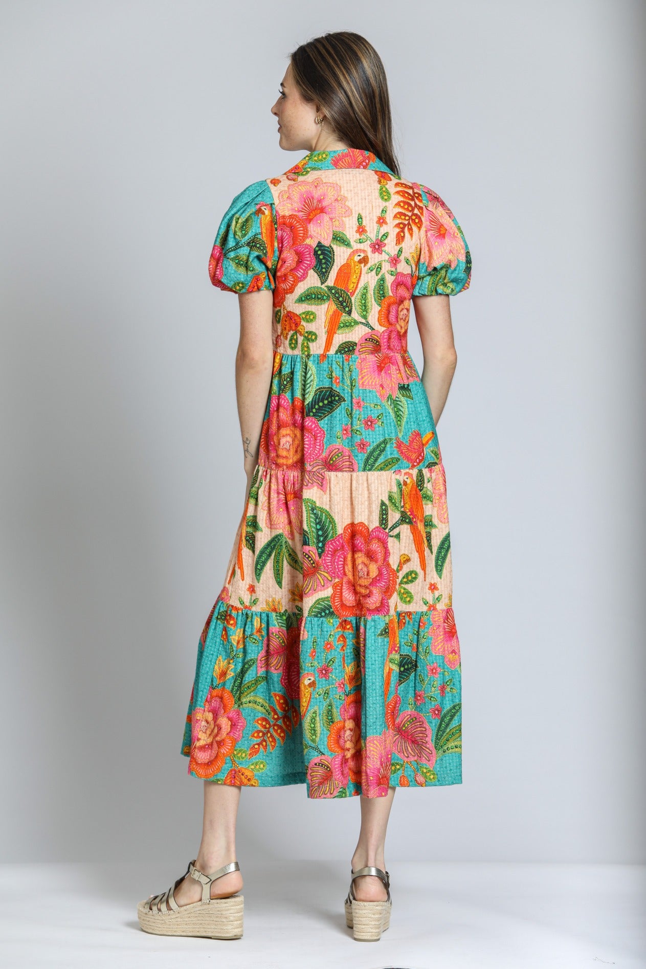 APNY Mixed Print Long Tiered Dress - Turquoise Multi-Midi Dresses-APNY-Deja Nu Boutique, Women's Fashion Boutique in Lampasas, Texas