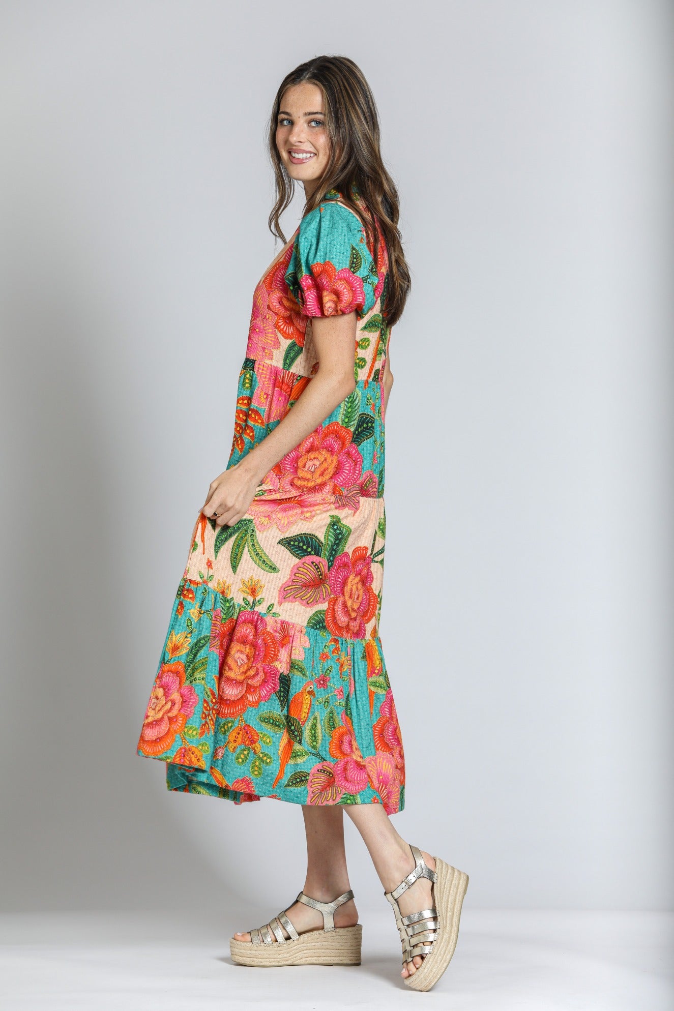 APNY Mixed Print Long Tiered Dress - Turquoise Multi-Midi Dresses-APNY-Deja Nu Boutique, Women's Fashion Boutique in Lampasas, Texas