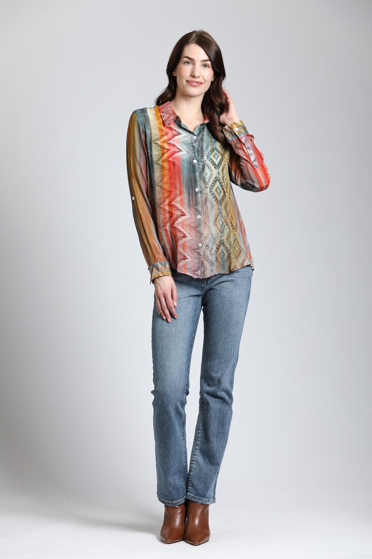 APNY Multi- Color Waves & Rhombus Print Mix - Button Up With Roll Up Sleeve-shirts-APNY-Deja Nu Boutique, Women's Fashion Boutique in Lampasas, Texas