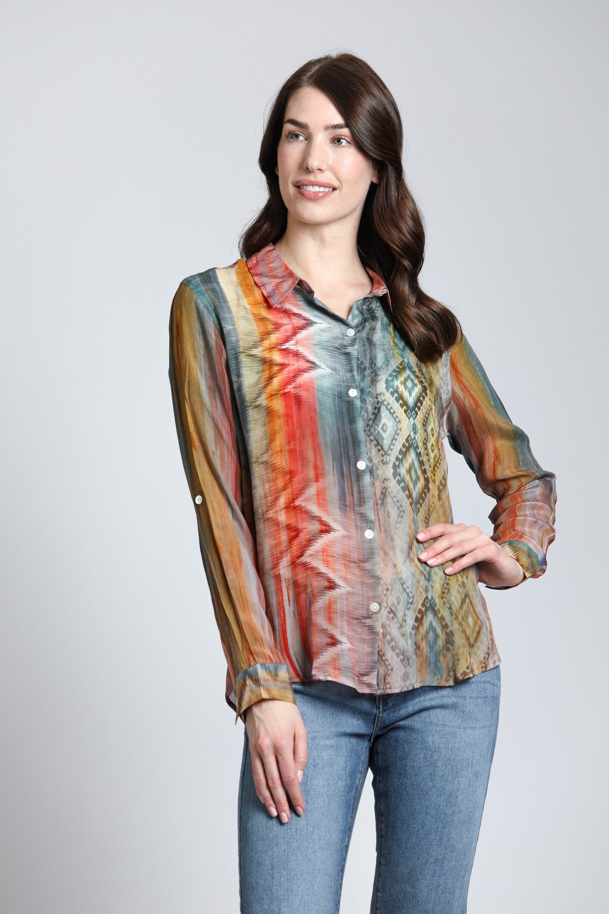 APNY Multi- Color Waves & Rhombus Print Mix - Button Up With Roll Up Sleeve-shirts-APNY-Deja Nu Boutique, Women's Fashion Boutique in Lampasas, Texas