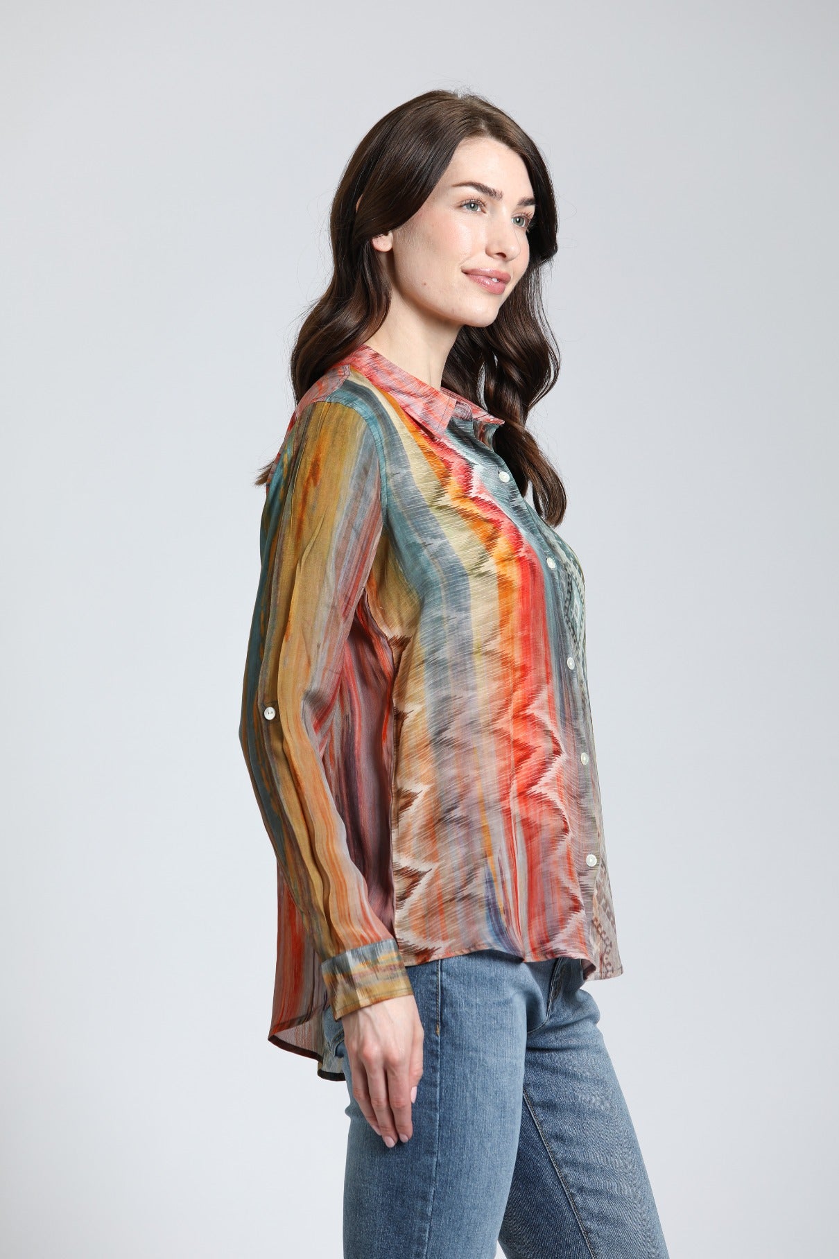 APNY Multi- Color Waves & Rhombus Print Mix - Button Up With Roll Up Sleeve-shirts-APNY-Deja Nu Boutique, Women's Fashion Boutique in Lampasas, Texas