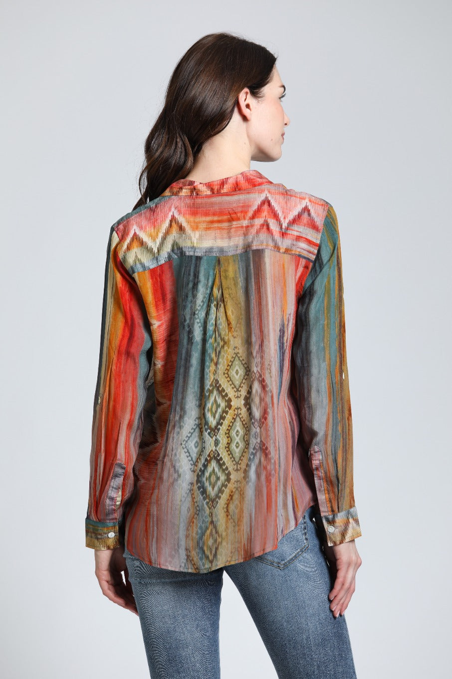APNY Multi- Color Waves & Rhombus Print Mix - Button Up With Roll Up Sleeve-shirts-APNY-Deja Nu Boutique, Women's Fashion Boutique in Lampasas, Texas