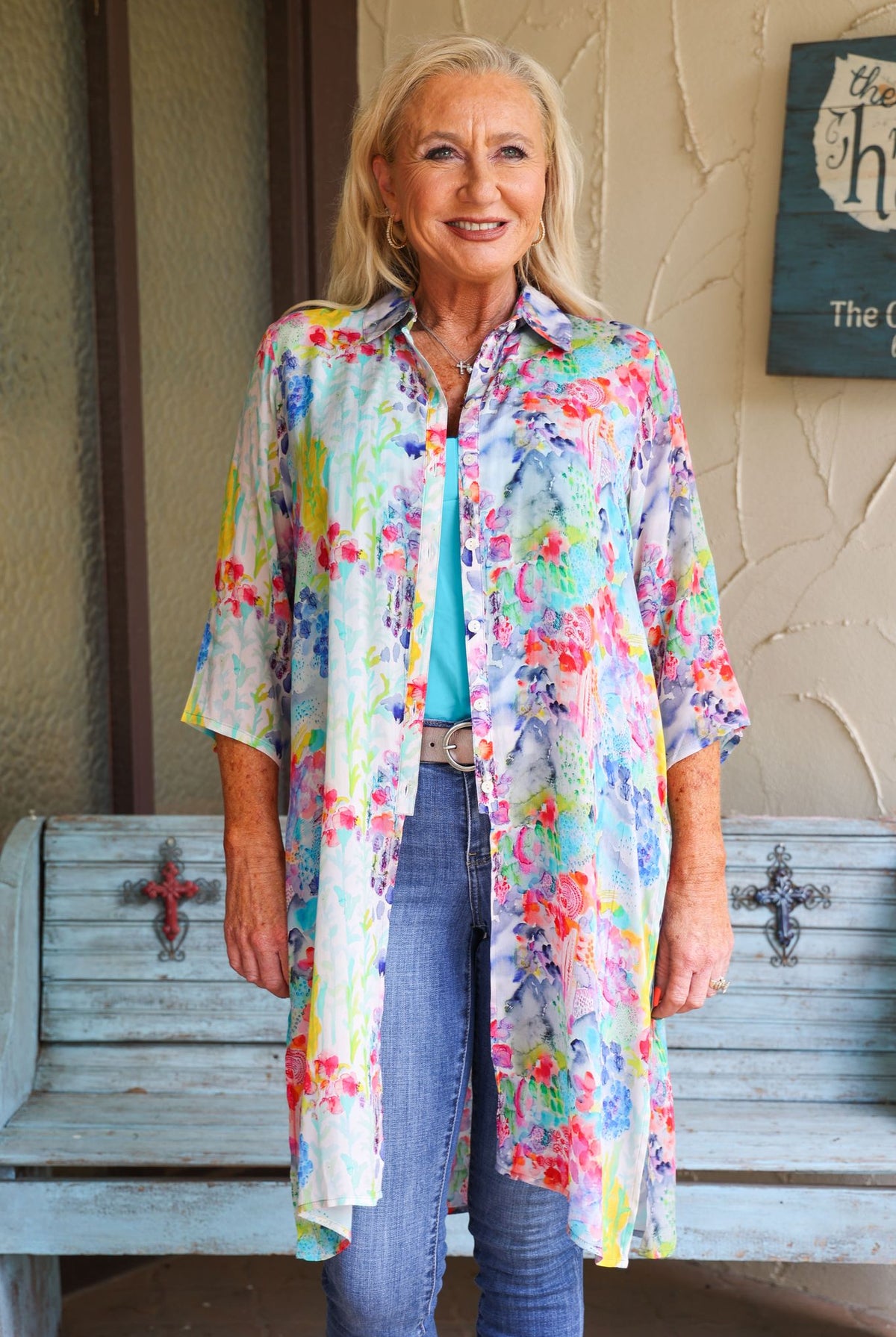 APNY Multi Colored Floral Button Down Long Top Or Kimono With Side Slits-Cardigans & Kimonos-APNY-Deja Nu Boutique, Women's Fashion Boutique in Lampasas, Texas