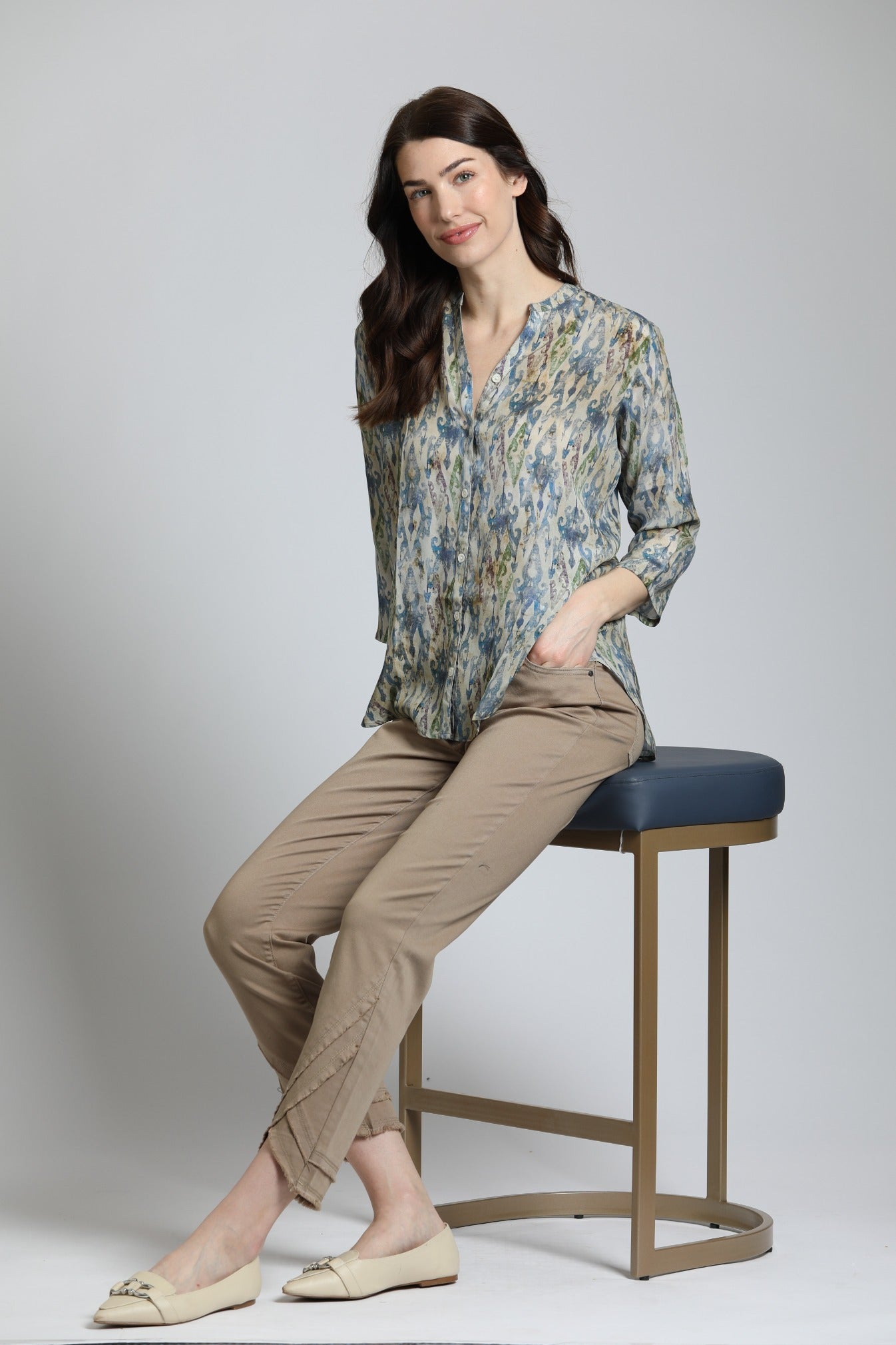 APNY Multicolor Ikat Print ¾ Sleeve Mandarin Collar Button Up Blouse-shirts-APNY-Deja Nu Boutique, Women's Fashion Boutique in Lampasas, Texas