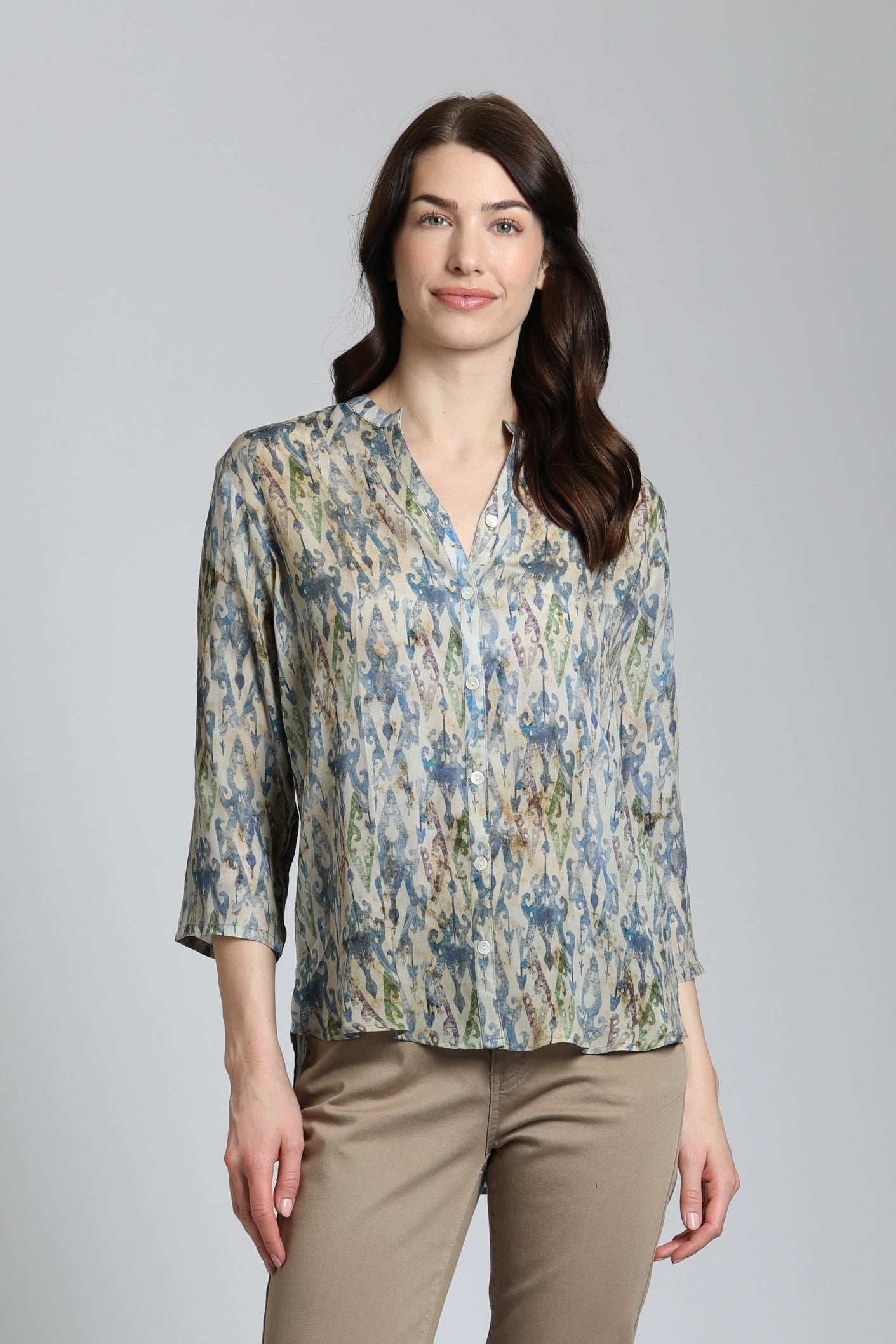 APNY Multicolor Ikat Print ¾ Sleeve Mandarin Collar Button Up Blouse-shirts-APNY-Deja Nu Boutique, Women's Fashion Boutique in Lampasas, Texas