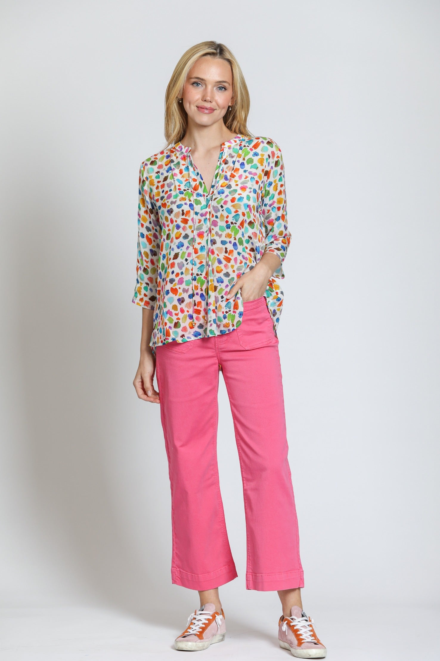 APNY Multicolor V-Neck Tassel Top – Lightweight Cupro Blend Blouse-Tops-APNY-Deja Nu Boutique, Women's Fashion Boutique in Lampasas, Texas