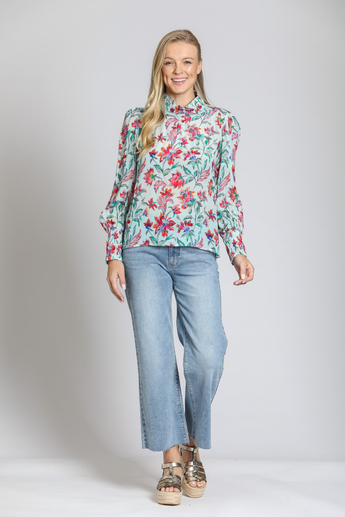 APNY Puff Sleeve Blouse with Ruched Detail – Turquoise Multi-Tops-APNY-Deja Nu Boutique, Women's Fashion Boutique in Lampasas, Texas