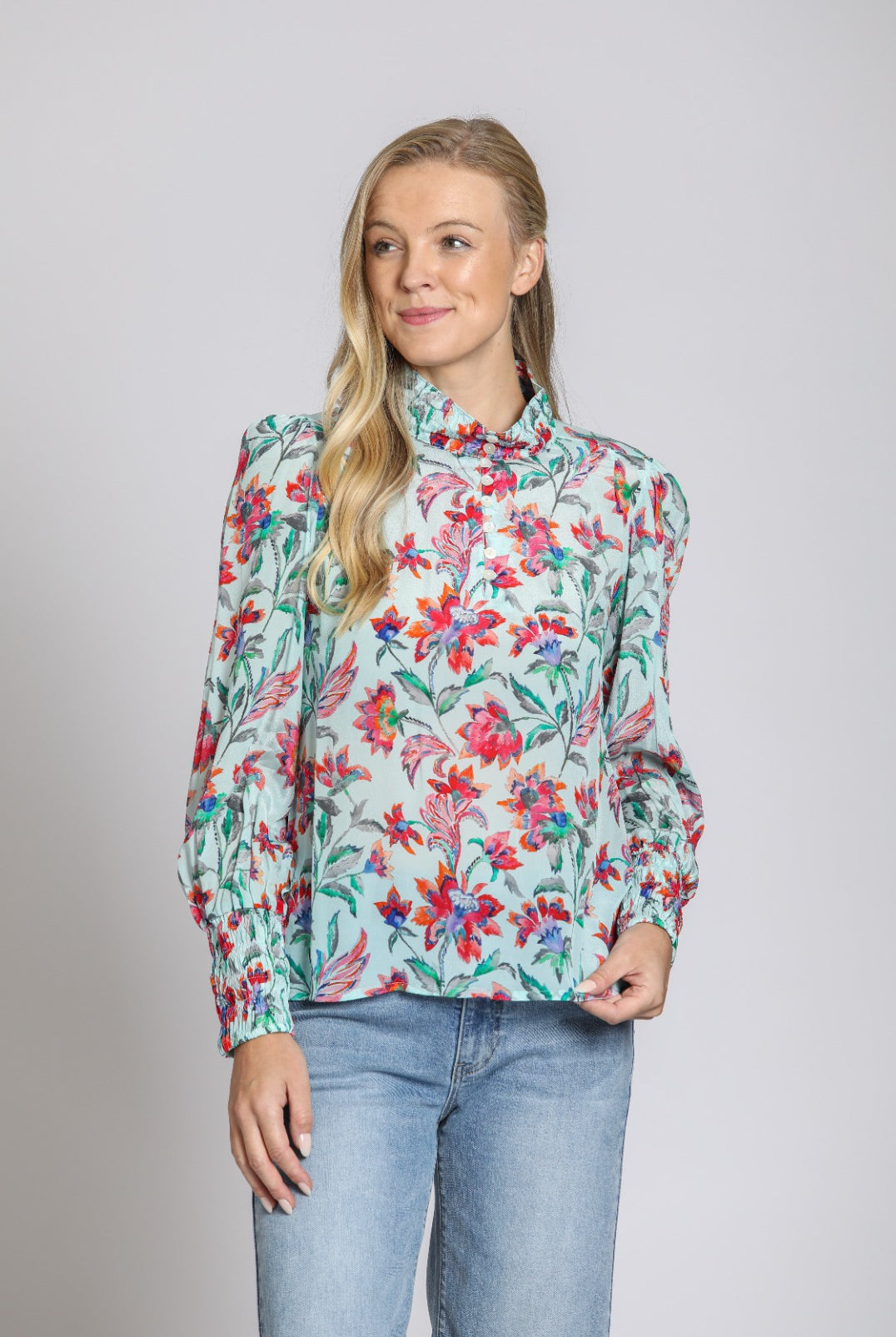 APNY Puff Sleeve Blouse with Ruched Detail – Turquoise Multi-Tops-APNY-Deja Nu Boutique, Women's Fashion Boutique in Lampasas, Texas