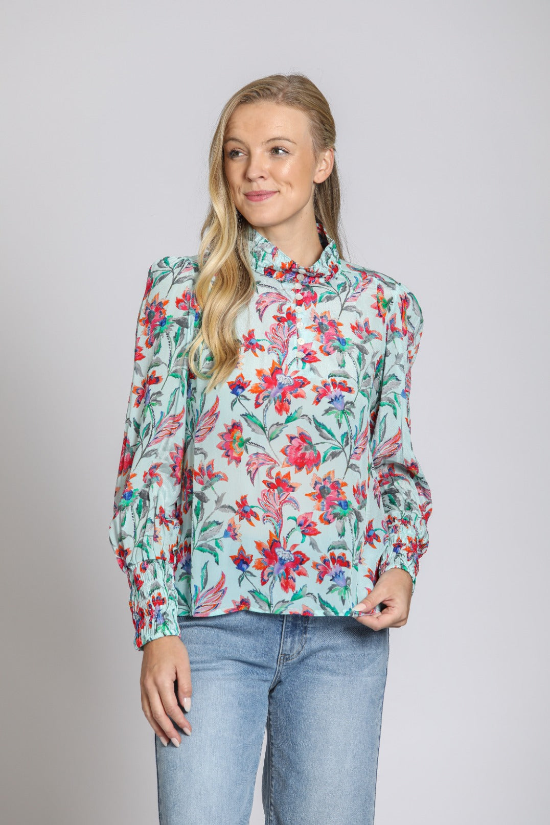 APNY Puff Sleeve Blouse with Ruched Detail – Turquoise Multi-Tops-APNY-Deja Nu Boutique, Women's Fashion Boutique in Lampasas, Texas